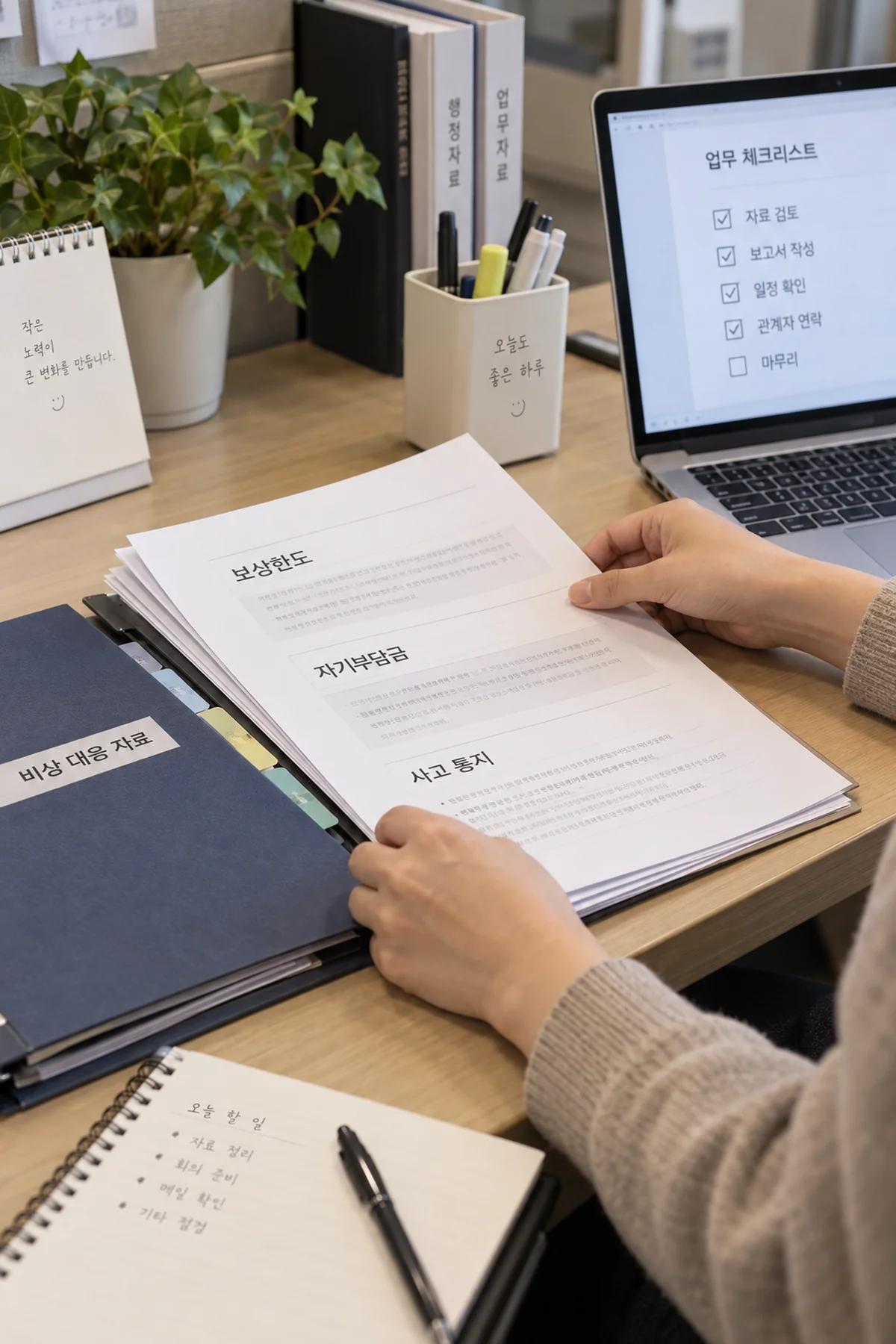 보험 한도와 초기 대응 비용을 점검하는 실무자의 책상