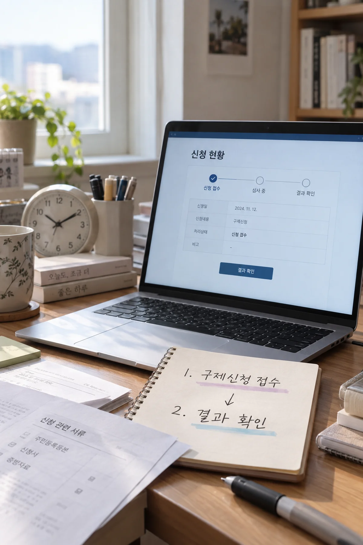 구제신청 접수와 결과 확인을 구분한 메모와 노트북