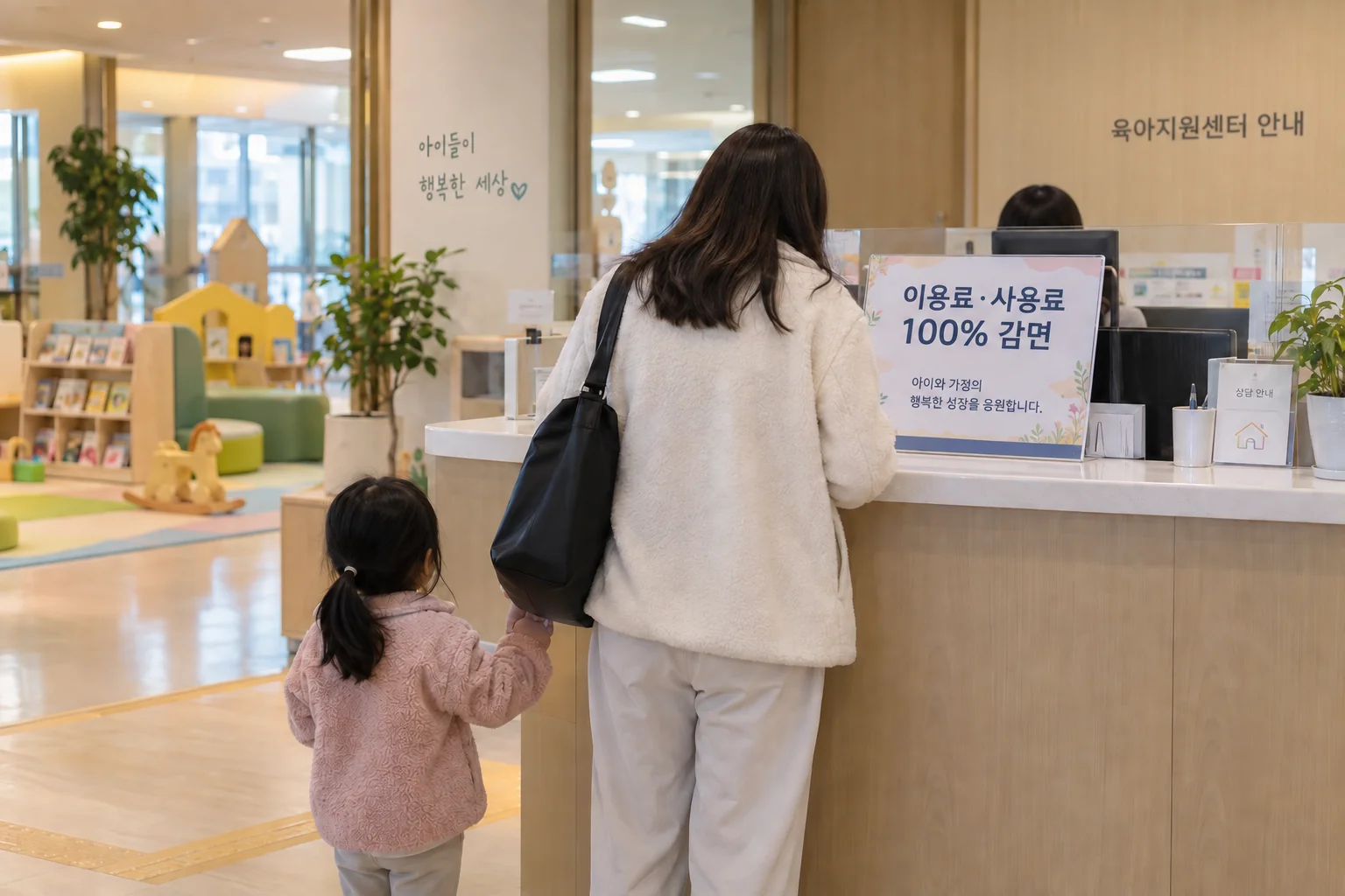 성북구 육아종합센터에서 안내를 확인하는 한부모 가정의 뒷모습