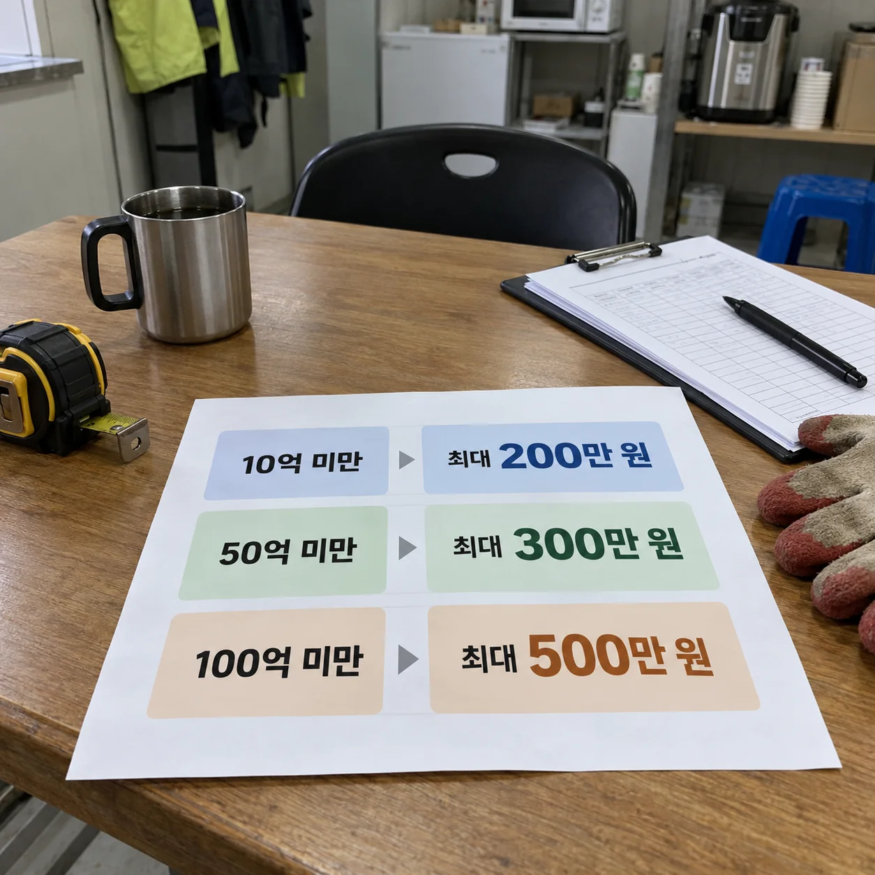 공사 금액별 휴게시설 개선 지원 한도를 정리한 현장 서류