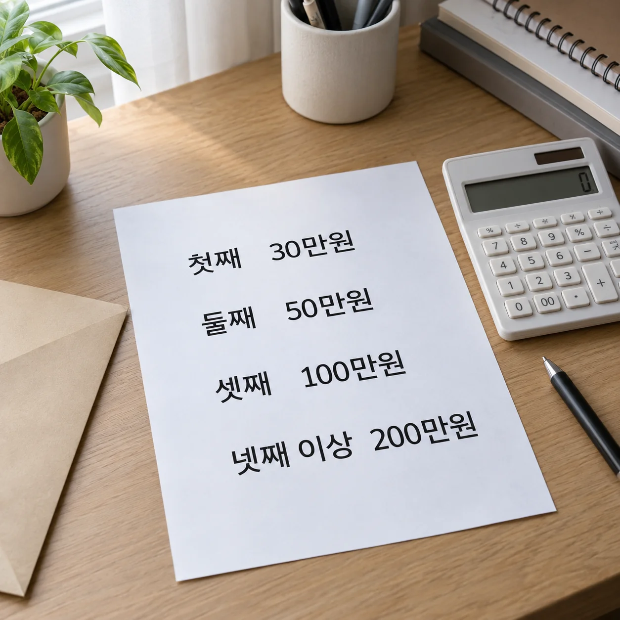 자녀 순위별 출산축하금 지급액을 정리한 안내표와 계산기