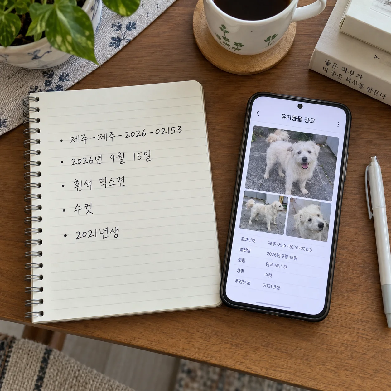공고번호와 발견 정보를 메모하며 반려견 특징을 대조하는 책상