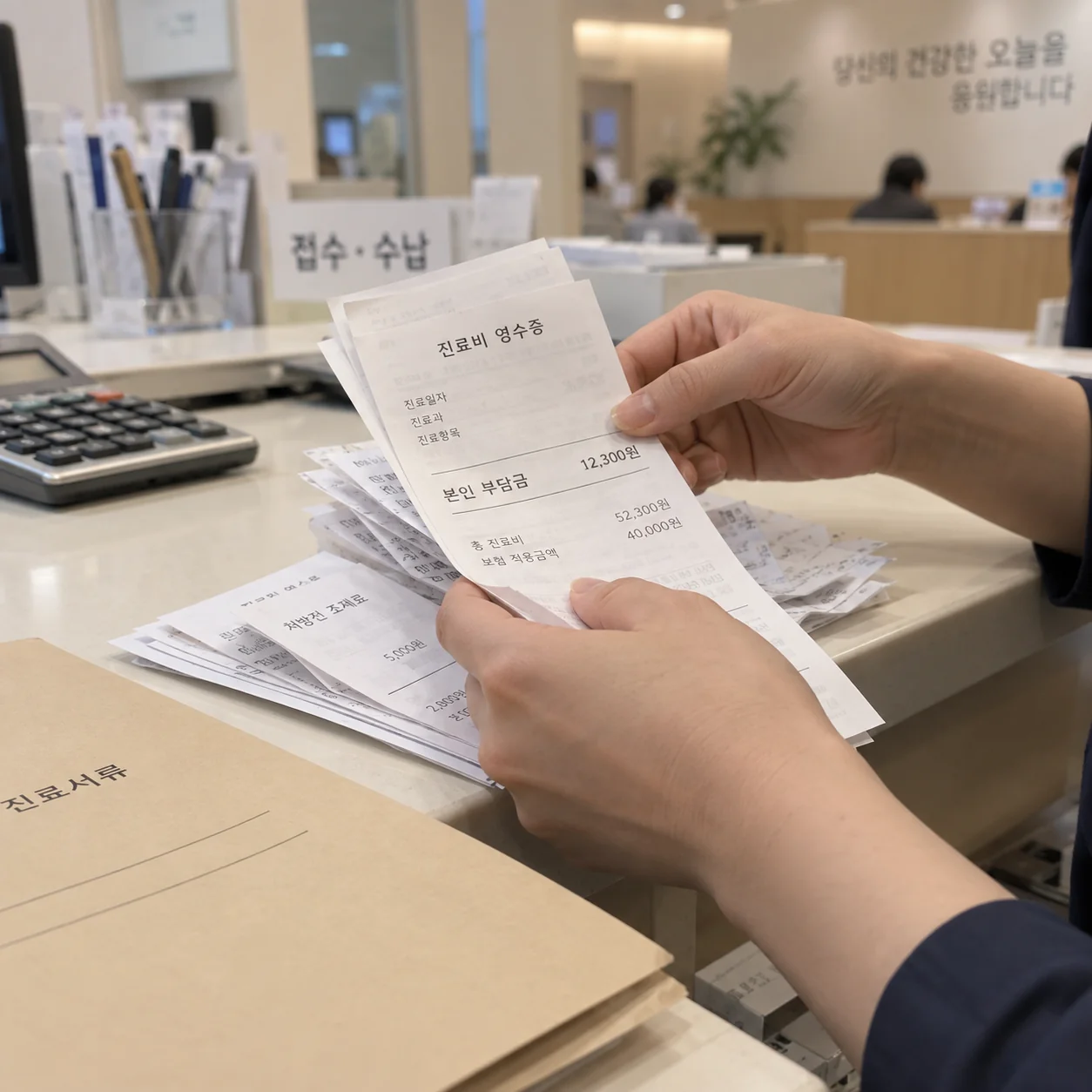 병원 영수증의 본인 부담금을 확인하는 손과 서류