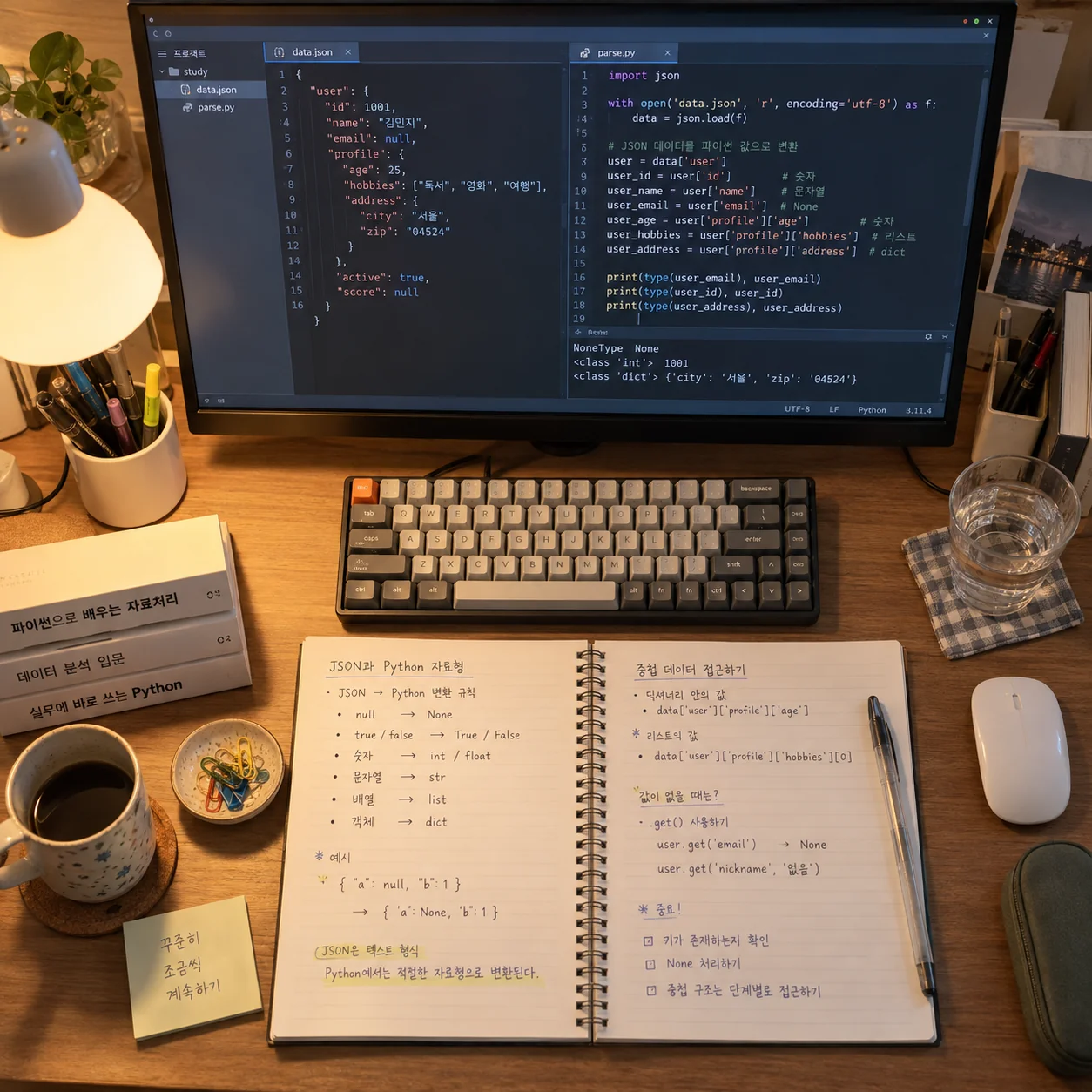 중첩 JSON 데이터가 파이썬 딕셔너리로 변환되는 화면