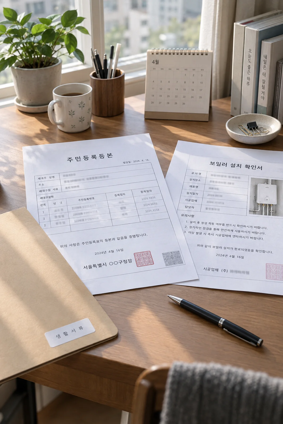 주민등록등본과 보일러 교체 서류를 정리한 책상