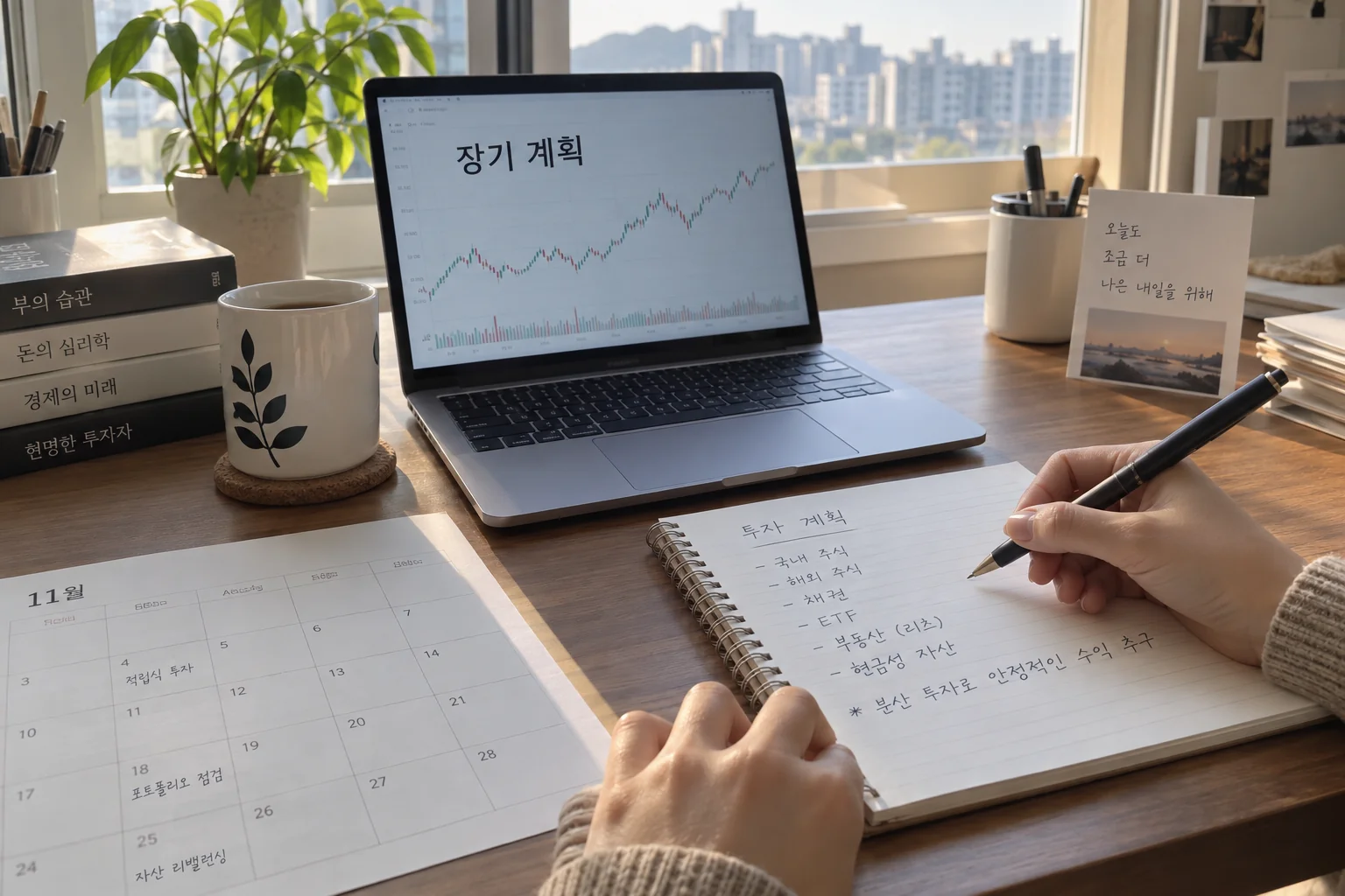 노트북 주가 차트와 장기 투자 계획표를 함께 보는 책상