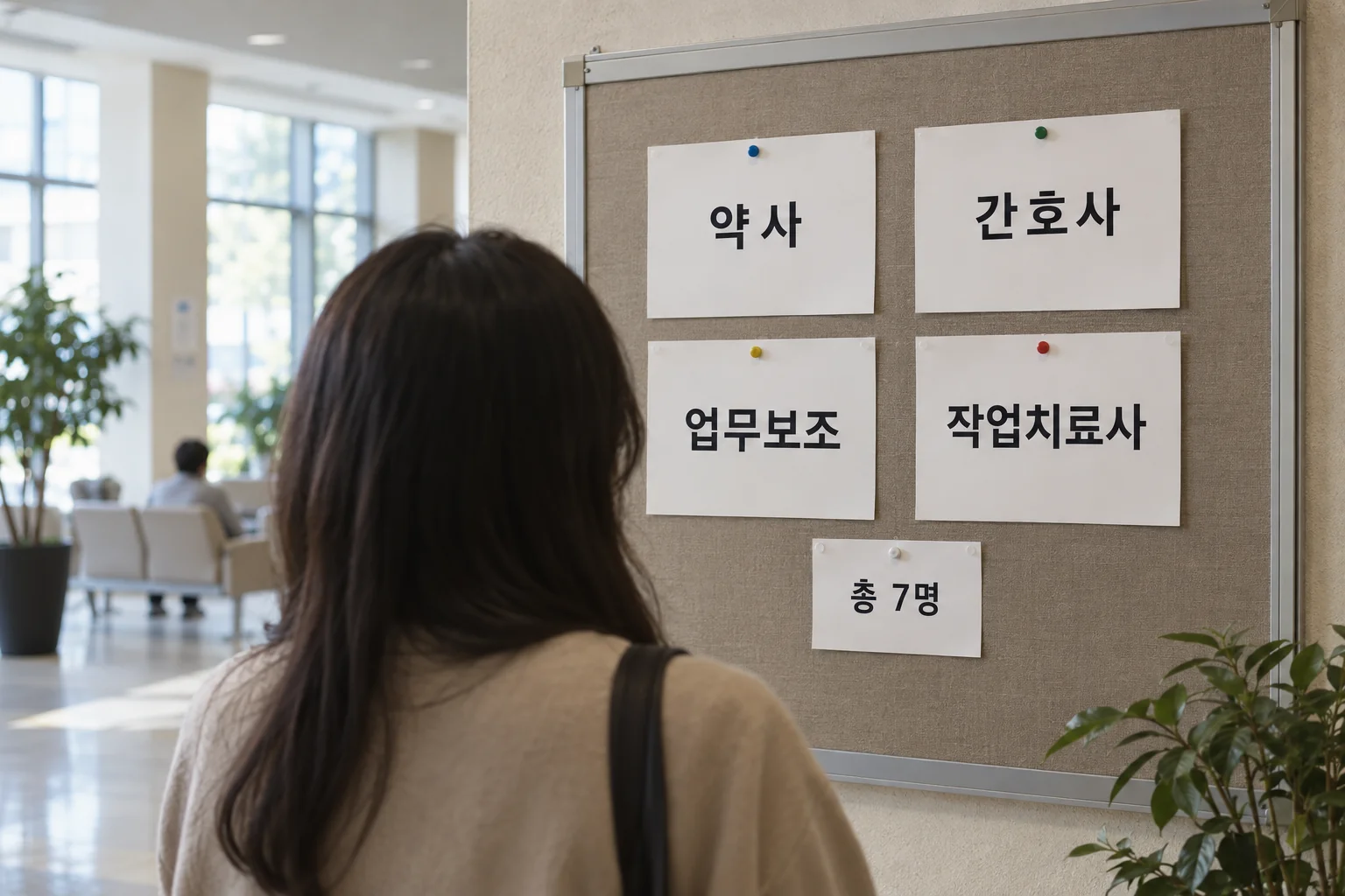 병원 채용 게시판 앞에서 네 직종 정보를 확인하는 모습