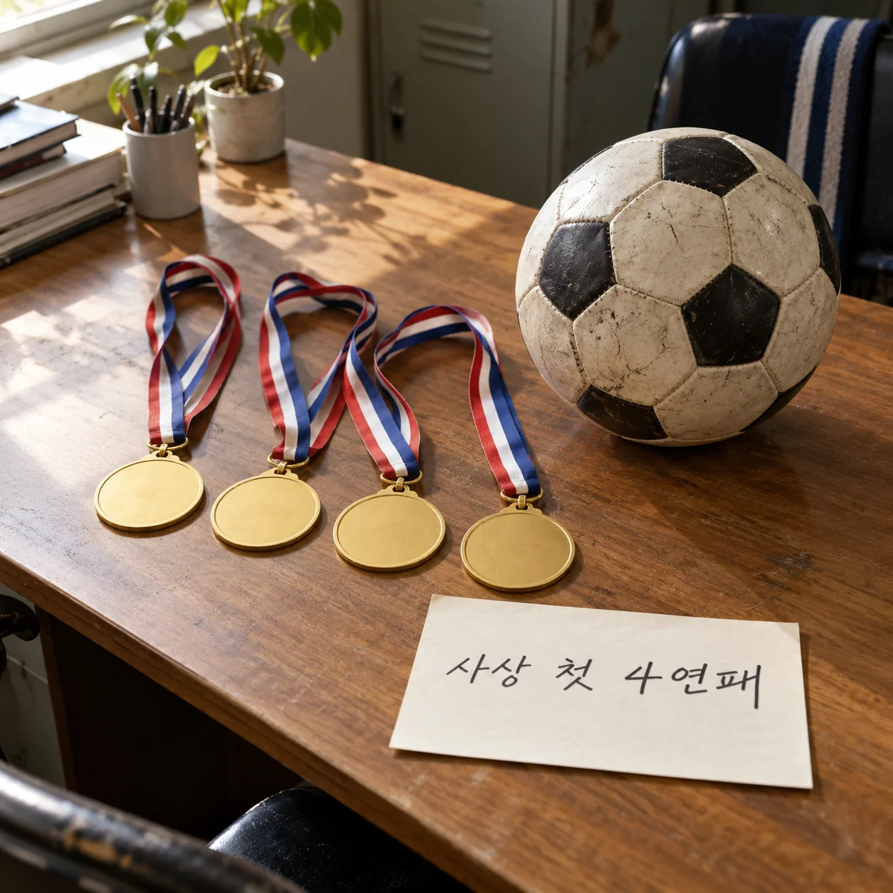 네 번의 우승을 상징하는 금메달과 축구공이 놓인 장면