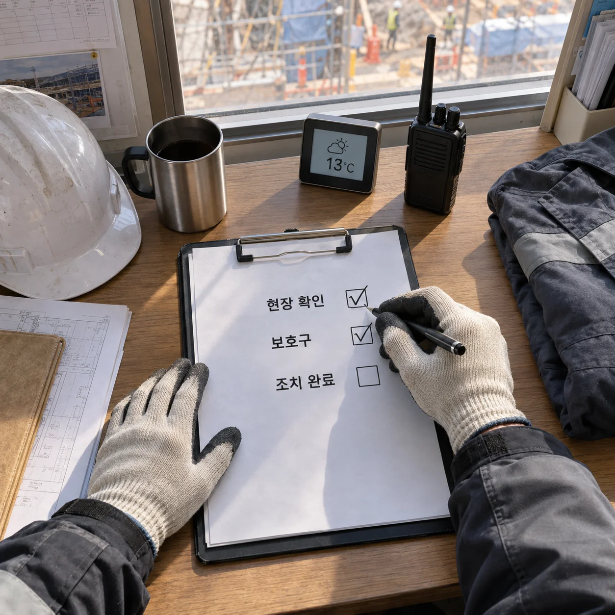 기상 대응 조치와 담당자 확인을 기록한 작업 전 점검표
