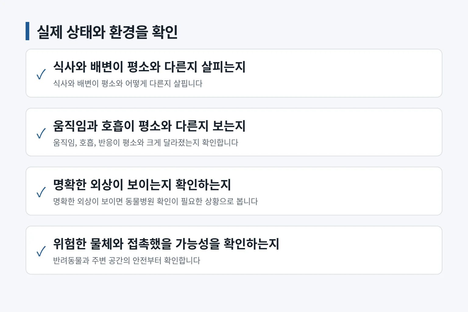 반려동물의 실제 상태와 위험 신호를 확인하는 항목 정보 그림입니다