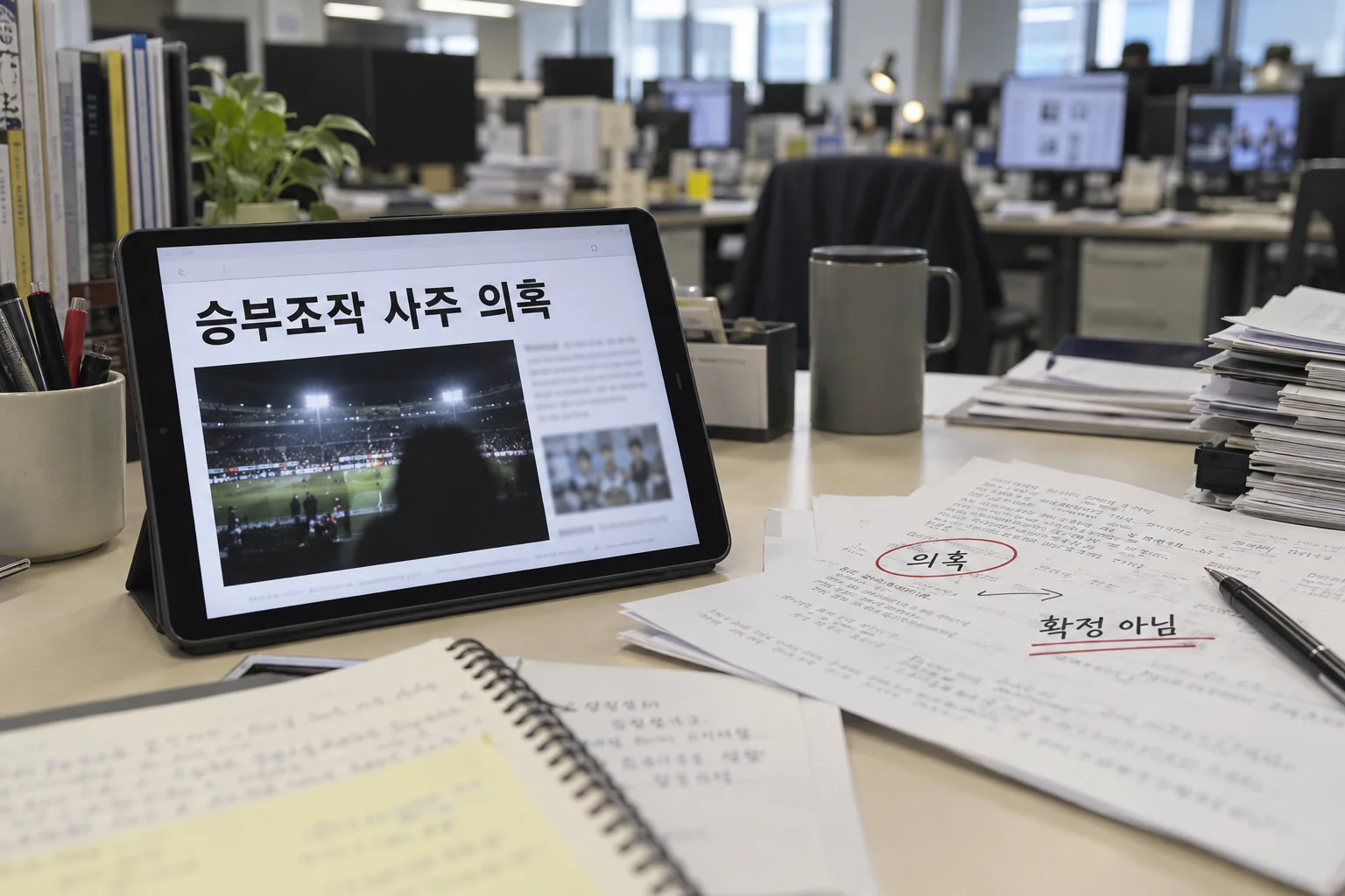 SBS 의혹 보도 제목을 확인하는 뉴스 화면과 메모