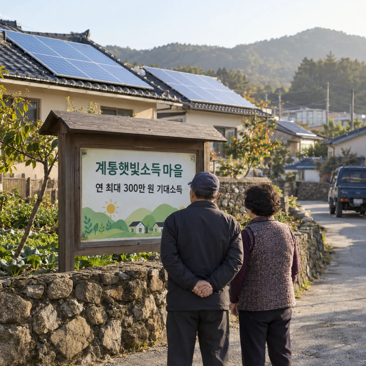마을 지붕 태양광과 소득 안내판을 살피는 주민들