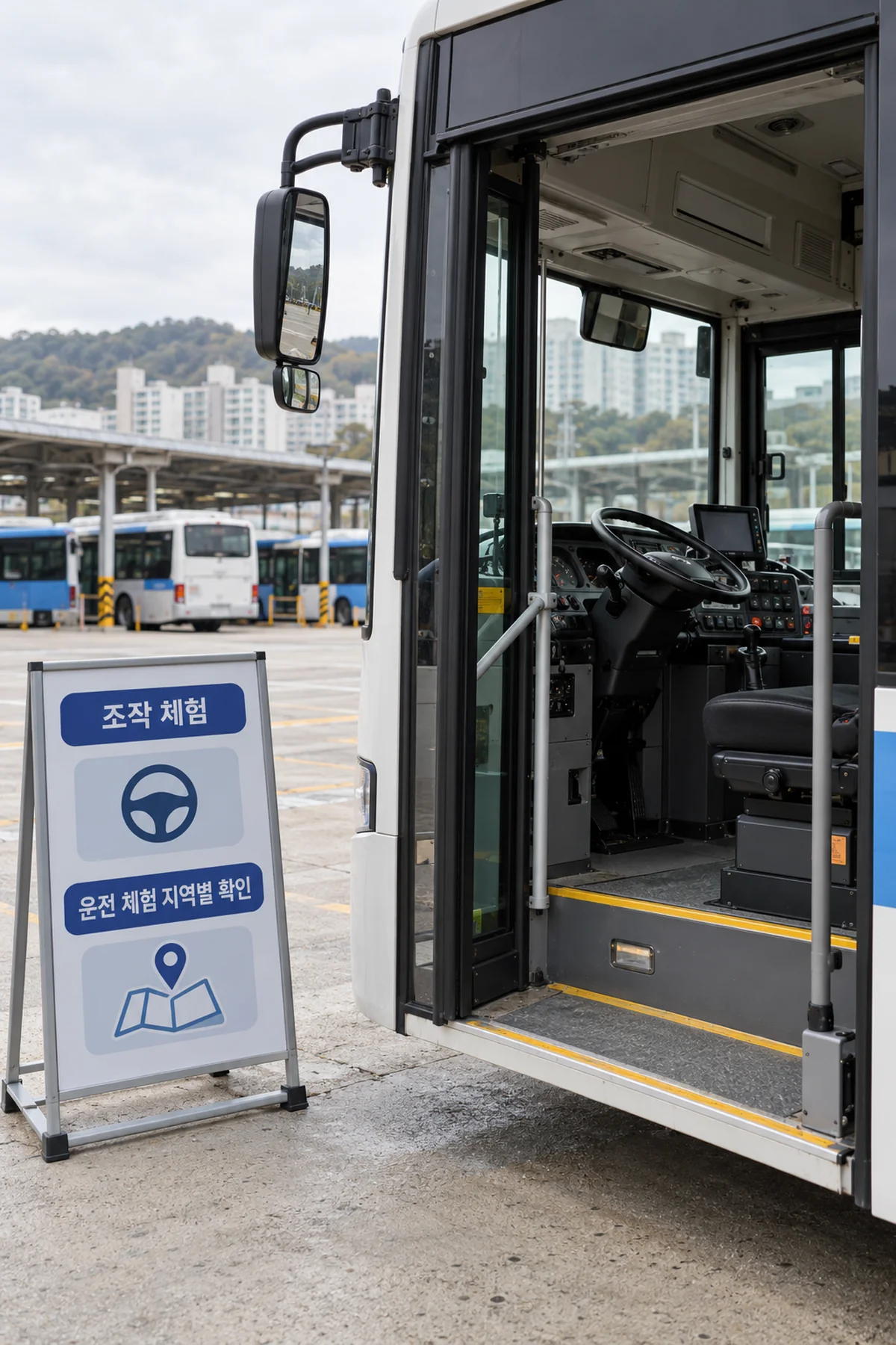 영업소에 정차한 버스와 조작 체험 안내 공간