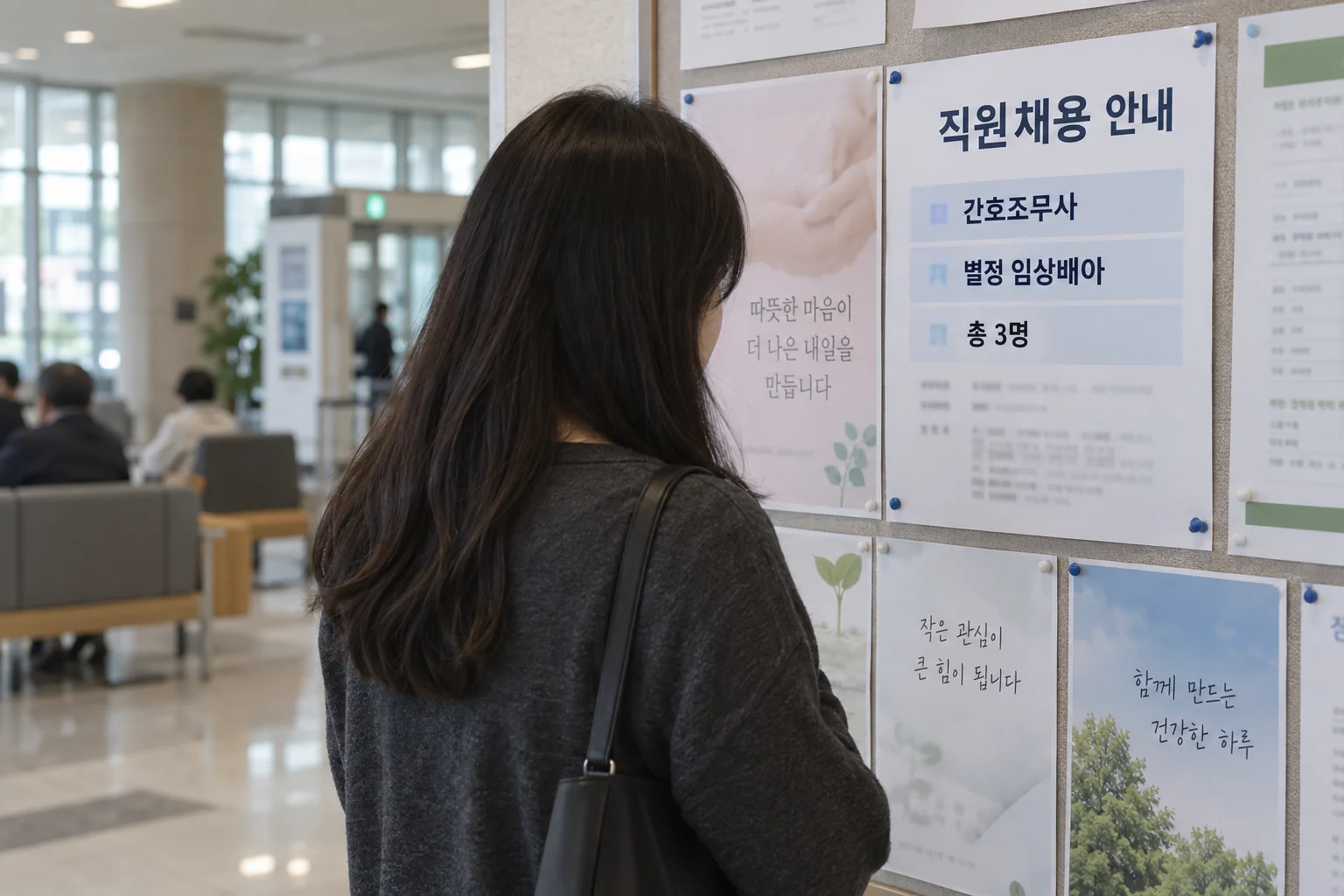 대구 병원 채용 게시판 앞에서 모집 분야를 확인하는 장면