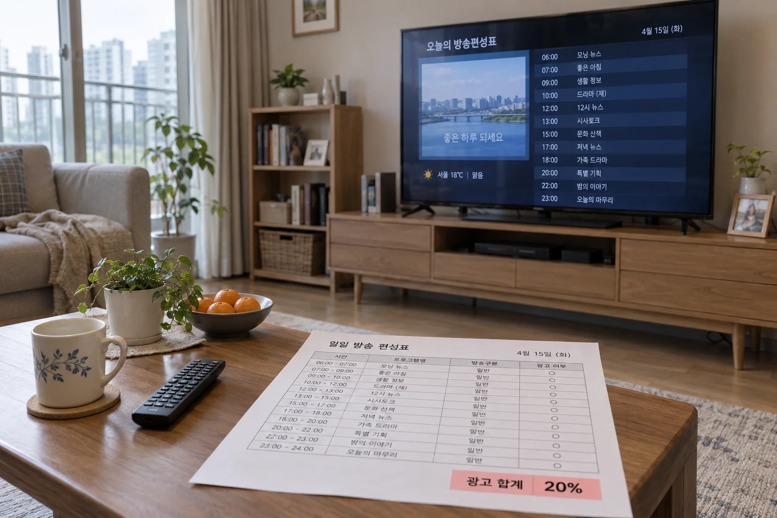 거실 TV와 편성표 위에 일일 광고총량 20%가 표시된 모습