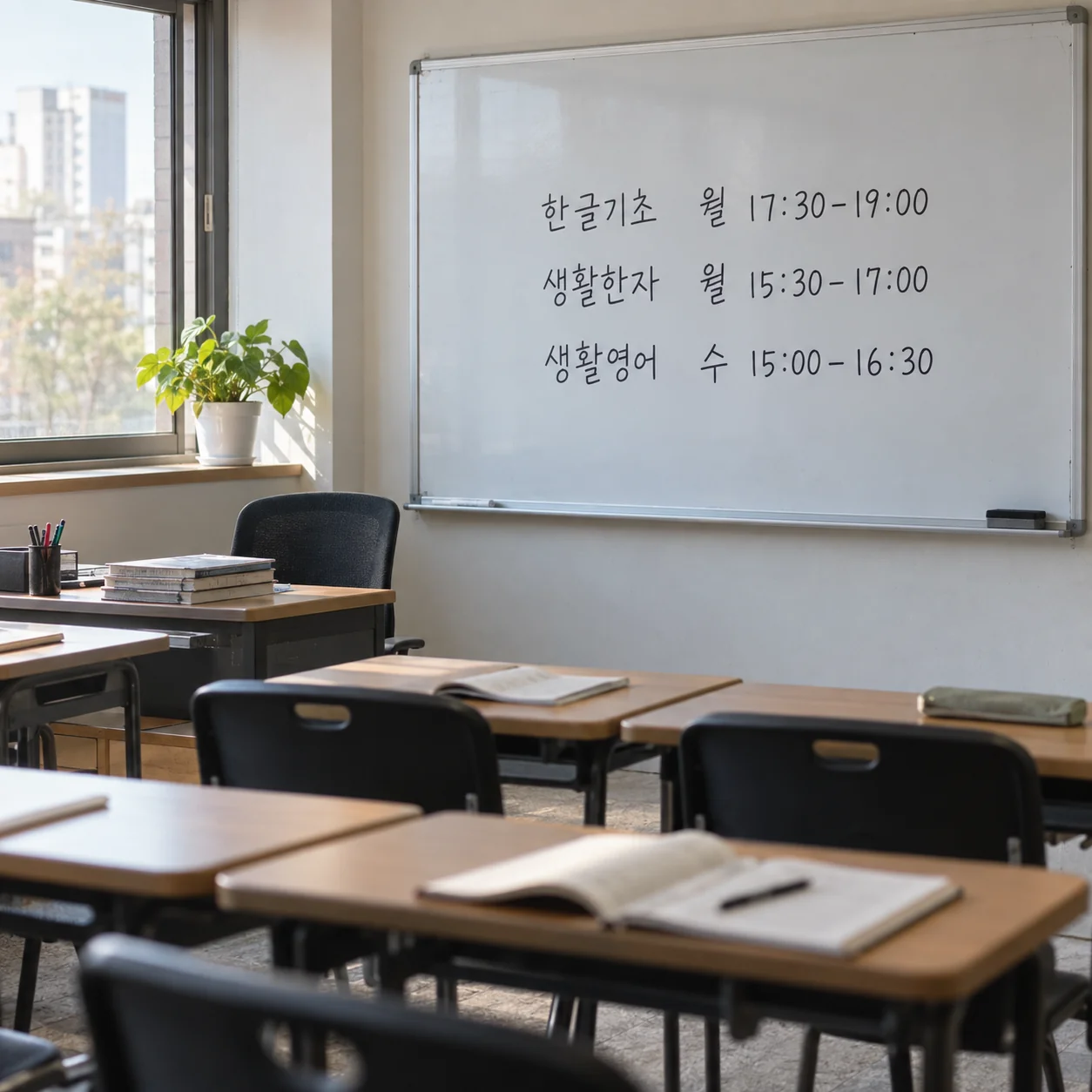 칠판에 월요일과 수요일 과목별 수업 시간이 적힌 교실