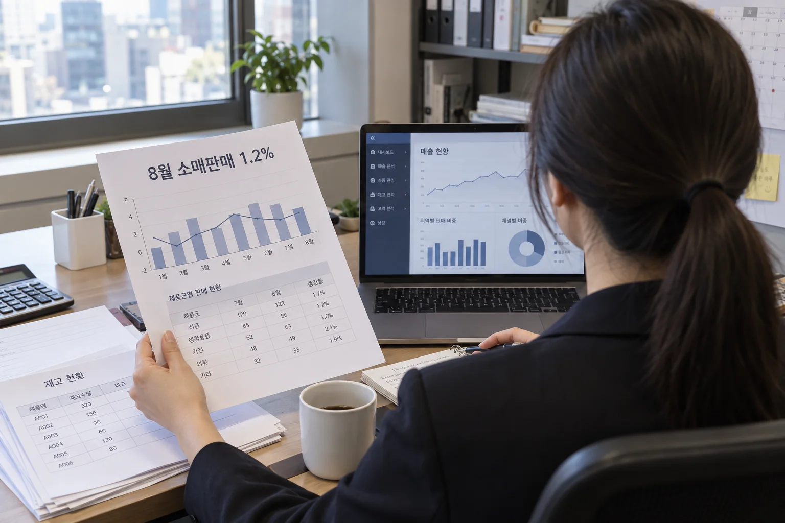 한국 사무실에서 소매판매 증가와 내부 운영 지표를 함께 검토하는 모습