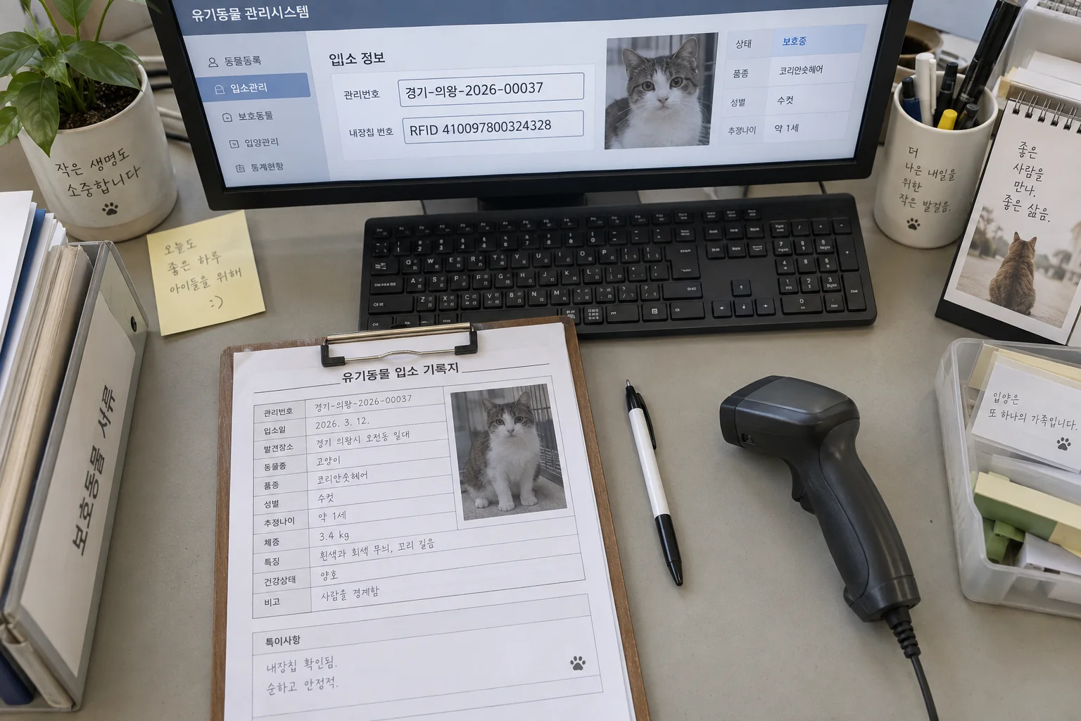 공고번호와 RFID가 적힌 구조동물 확인 화면