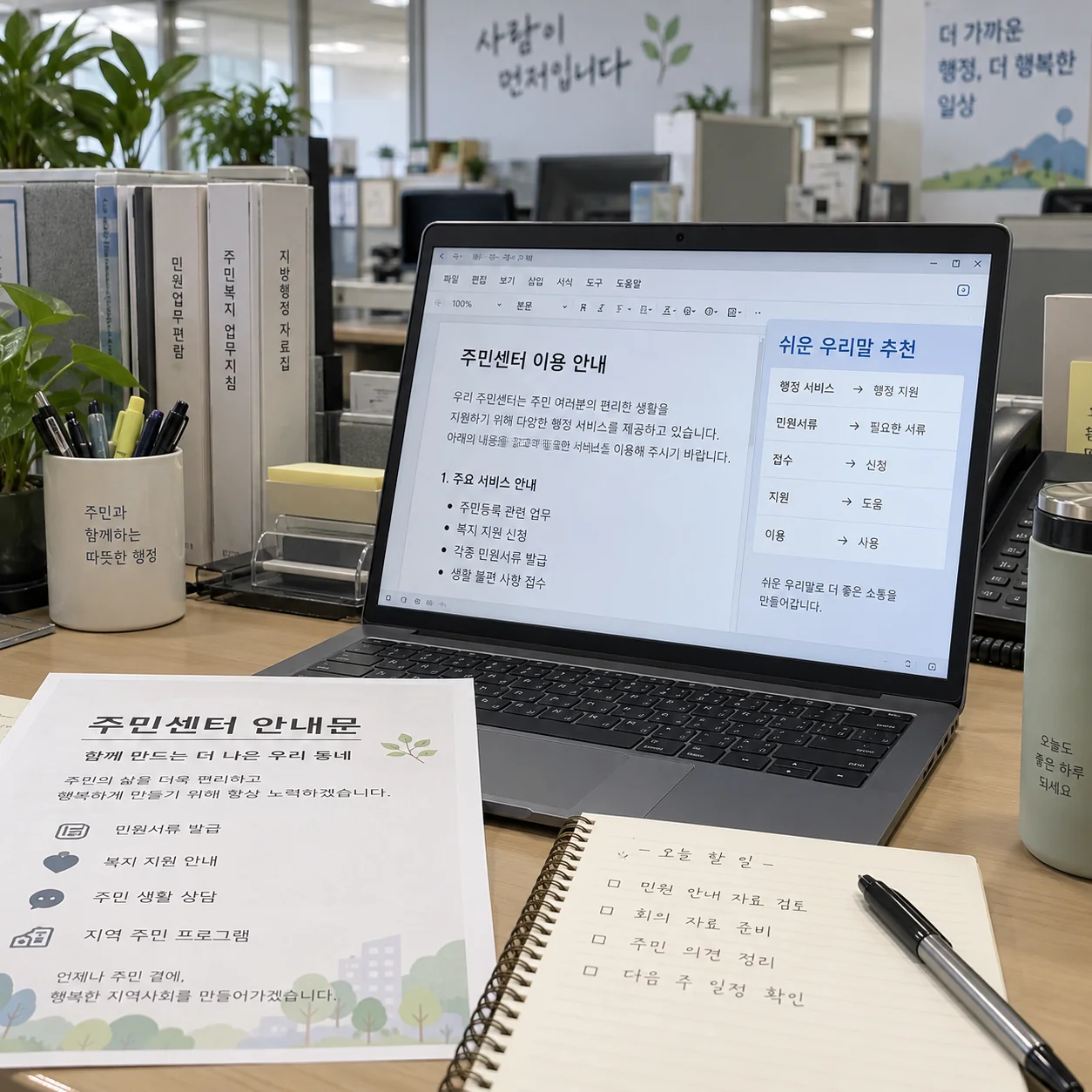 공공 안내문 초안을 보며 쉬운 우리말 추천을 확인하는 화면
