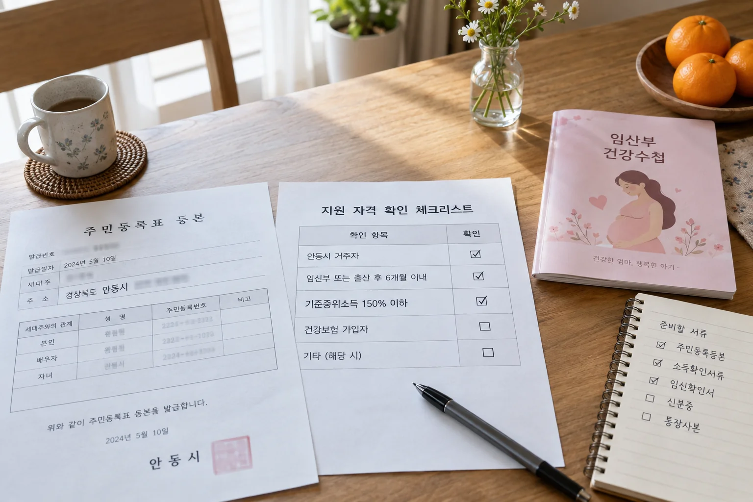 안동시 주소지와 소득 조건을 확인하는 출산가정 서류