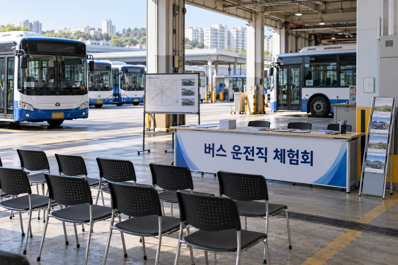 버스 영업소에서 운전직 행사 안내를 살펴보는 모습
