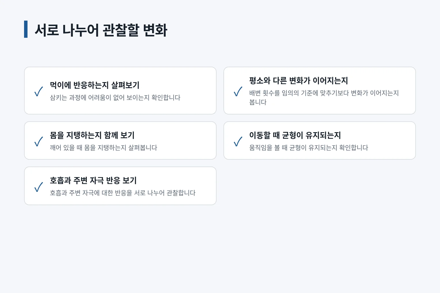 어린 고양이의 변화와 위험 신호를 확인하는 항목입니다
