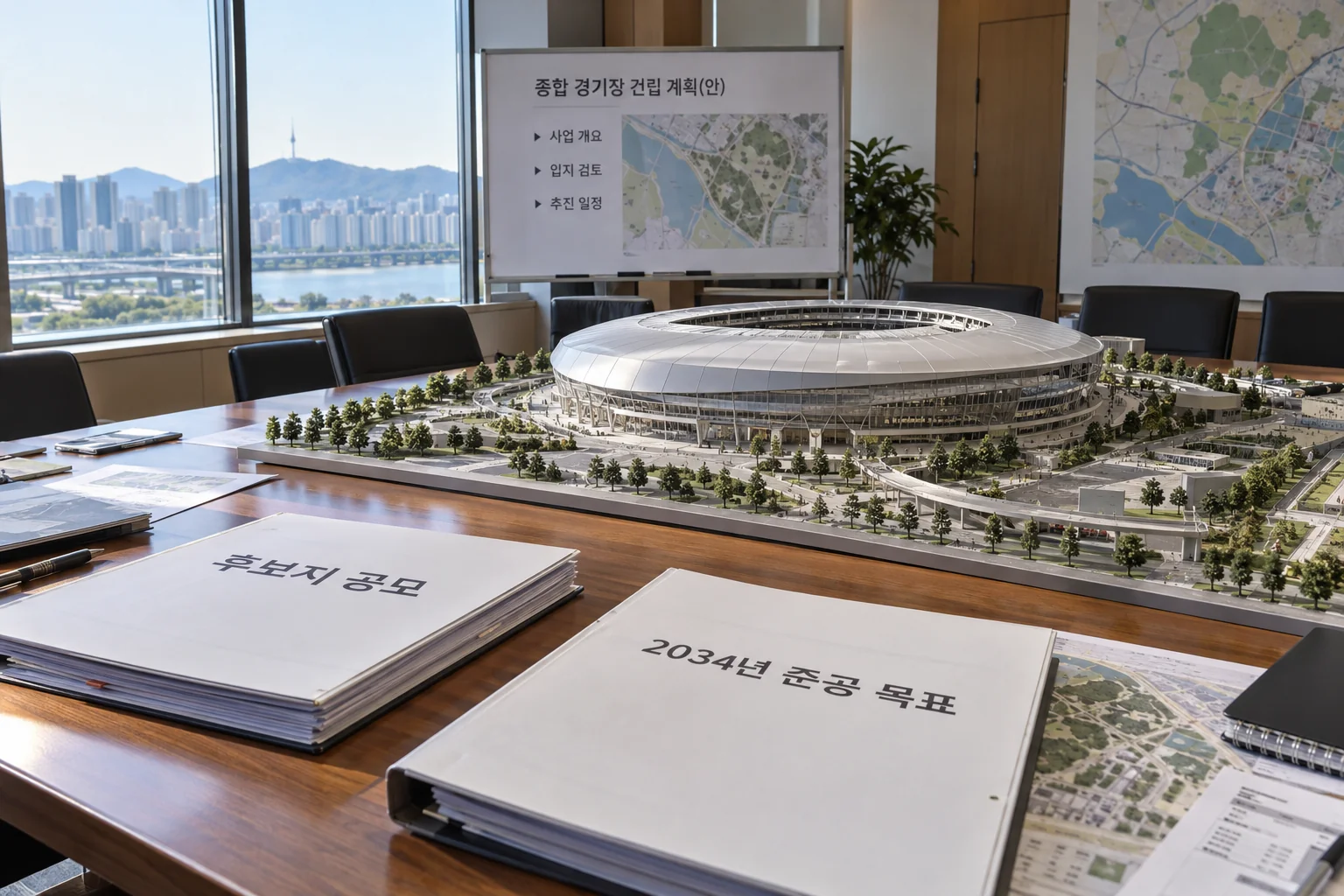 복합형 돔구장 후보지 공모와 2034년 목표를 보여주는 회의 장면