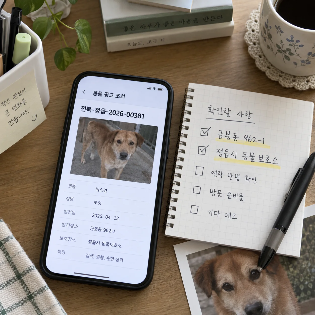 공고번호와 발견 장소를 메모하며 보호 정보를 대조하는 모습