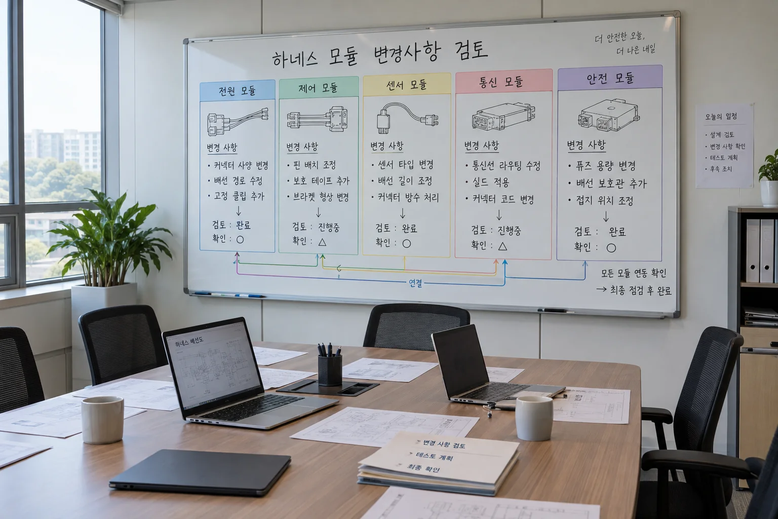 사무실 화이트보드에 다섯 모듈의 변경 책임 흐름이 정리된 모습