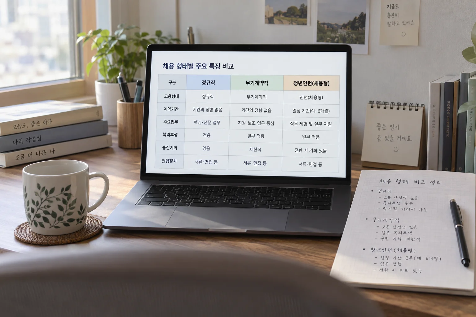 노트북 채용 공고와 세 가지 고용형태 메모를 비교하는 모습