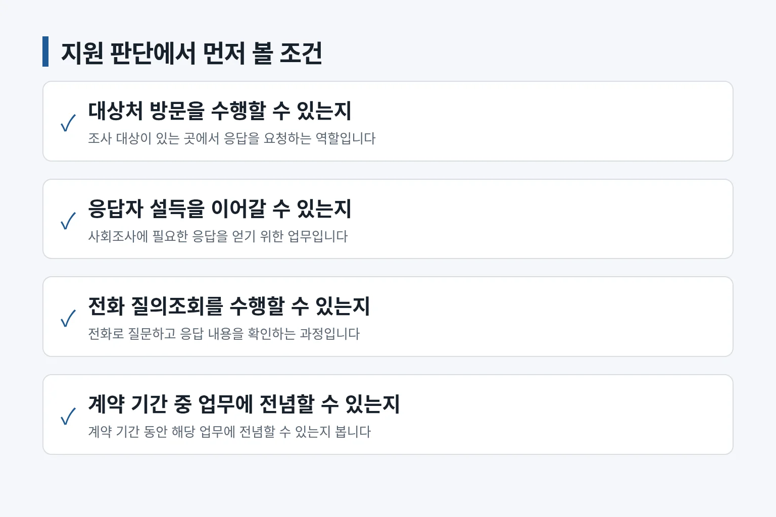 지원 전 직무와 근무 가능성을 확인하는 목록입니다