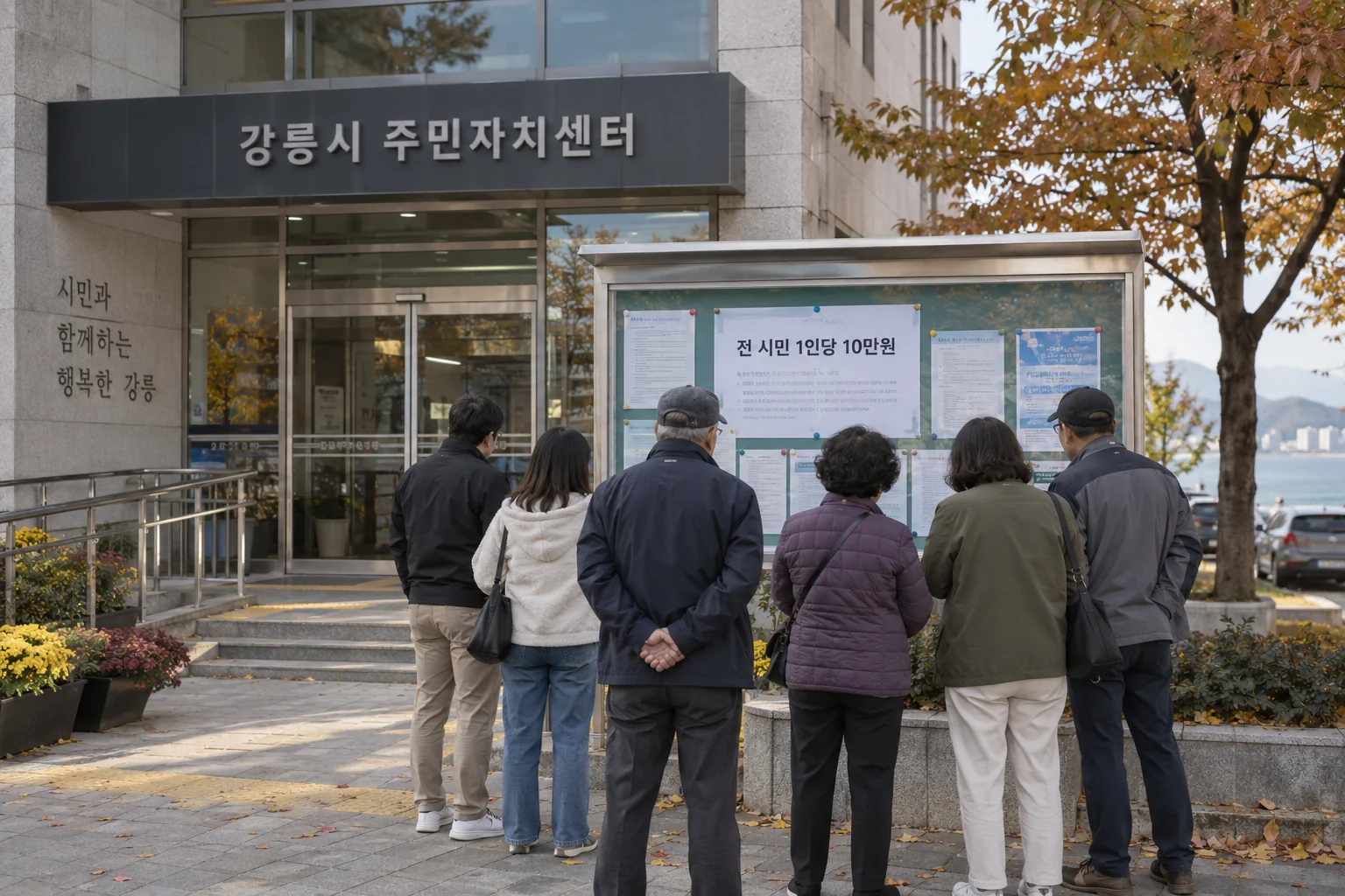 강릉 시내에서 지원금 안내문을 확인하는 시민들의 일상 풍경