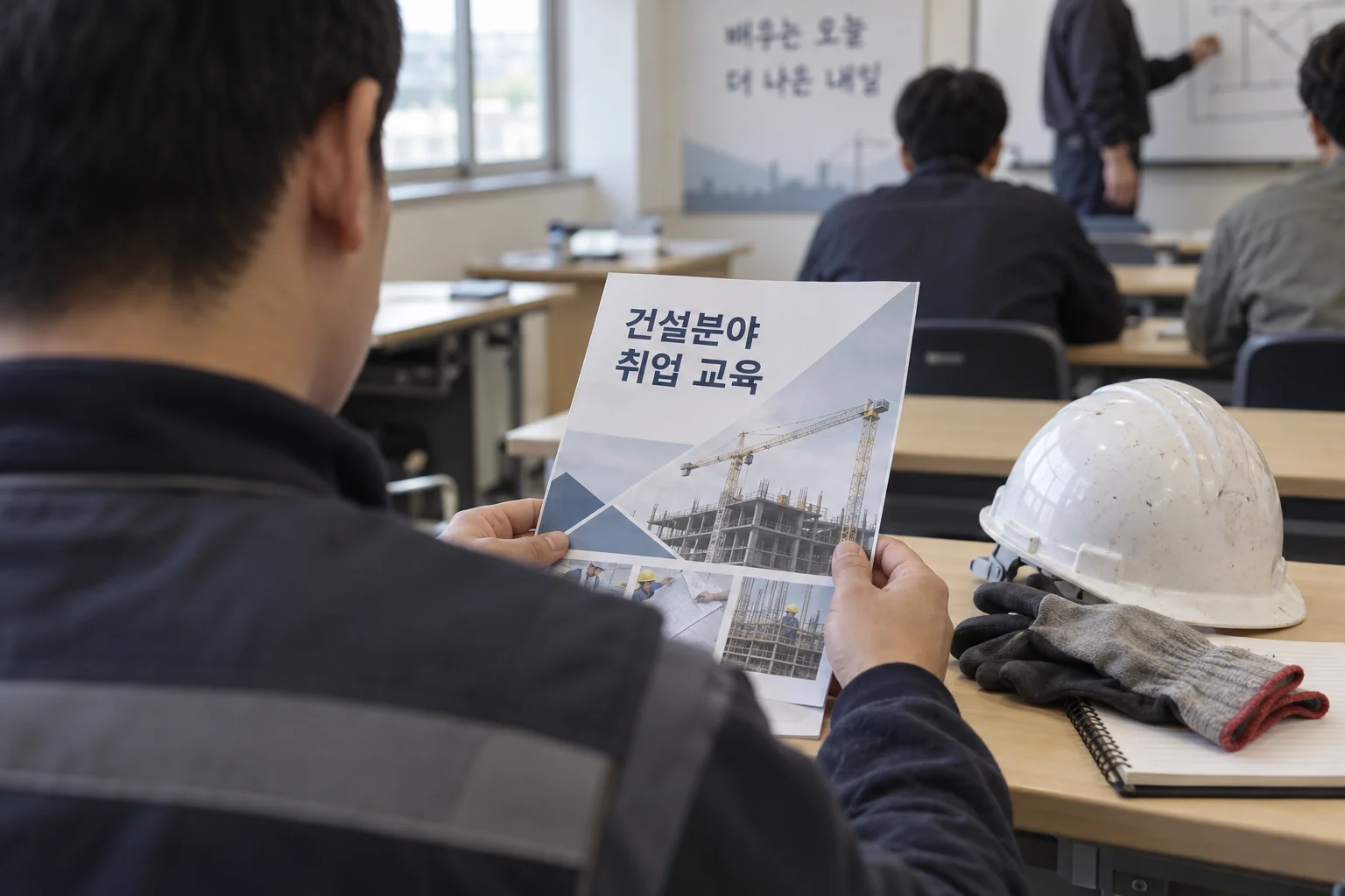 경기도 건설 취업을 준비하는 성인이 교육 안내를 확인하는 모습