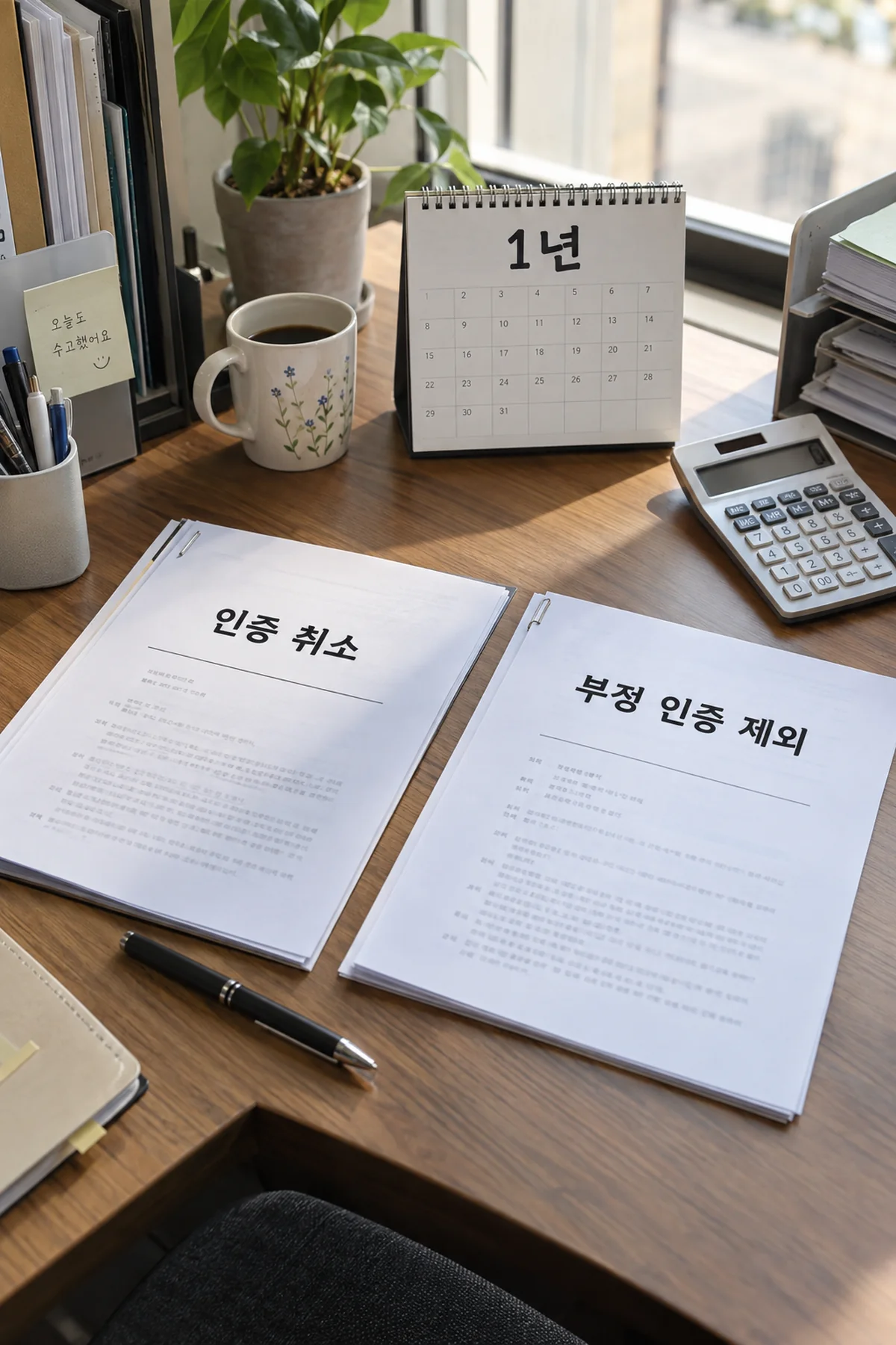 인증 취소 사유와 과태료 유예 조건을 비교한 문서를 보는 장면