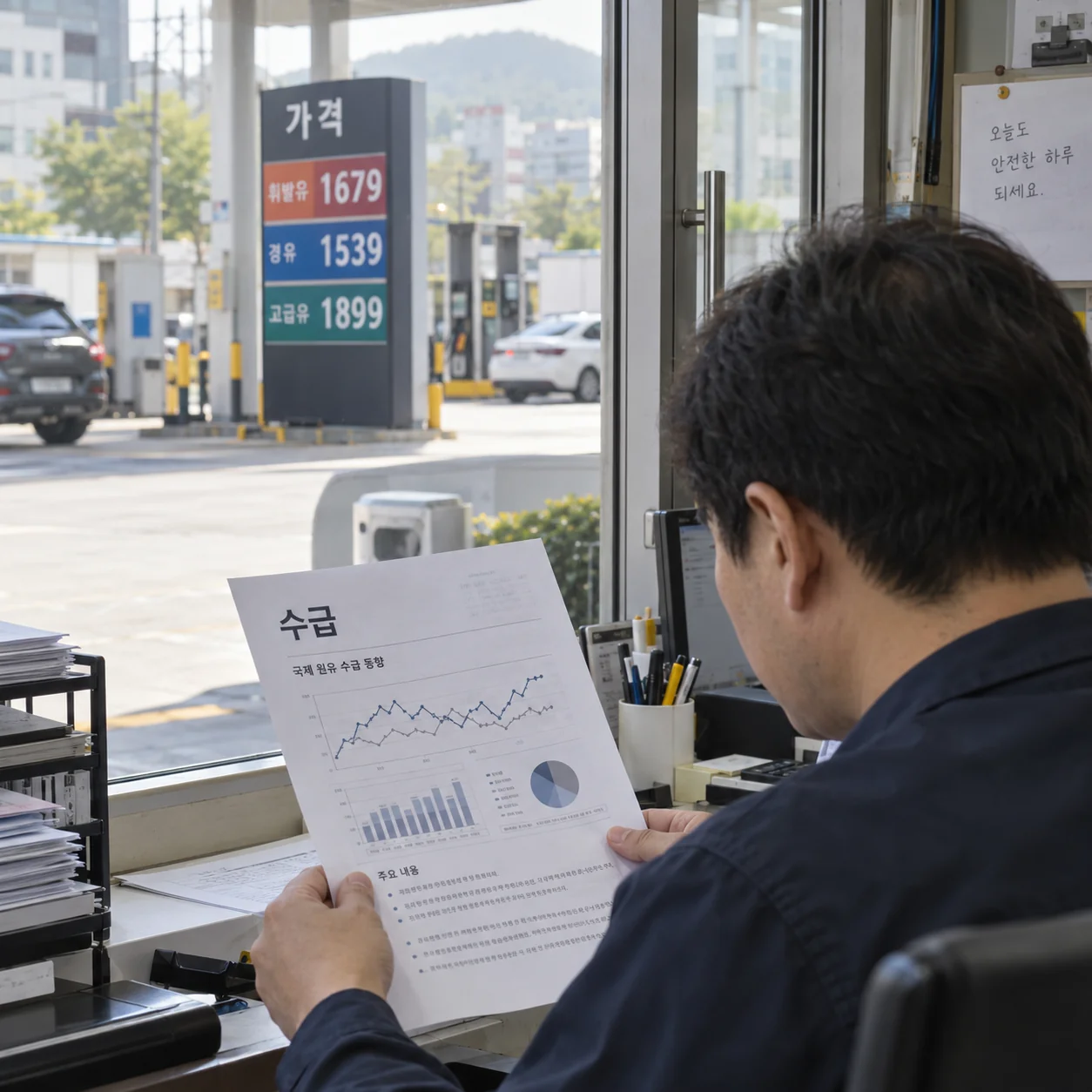 주유소 가격표와 원유 수급 자료를 함께 살펴보는 장면