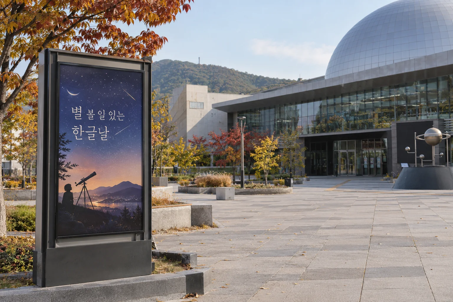 국립과천과학관 안내판 앞에서 한글날 행사 정보를 확인하는 모습