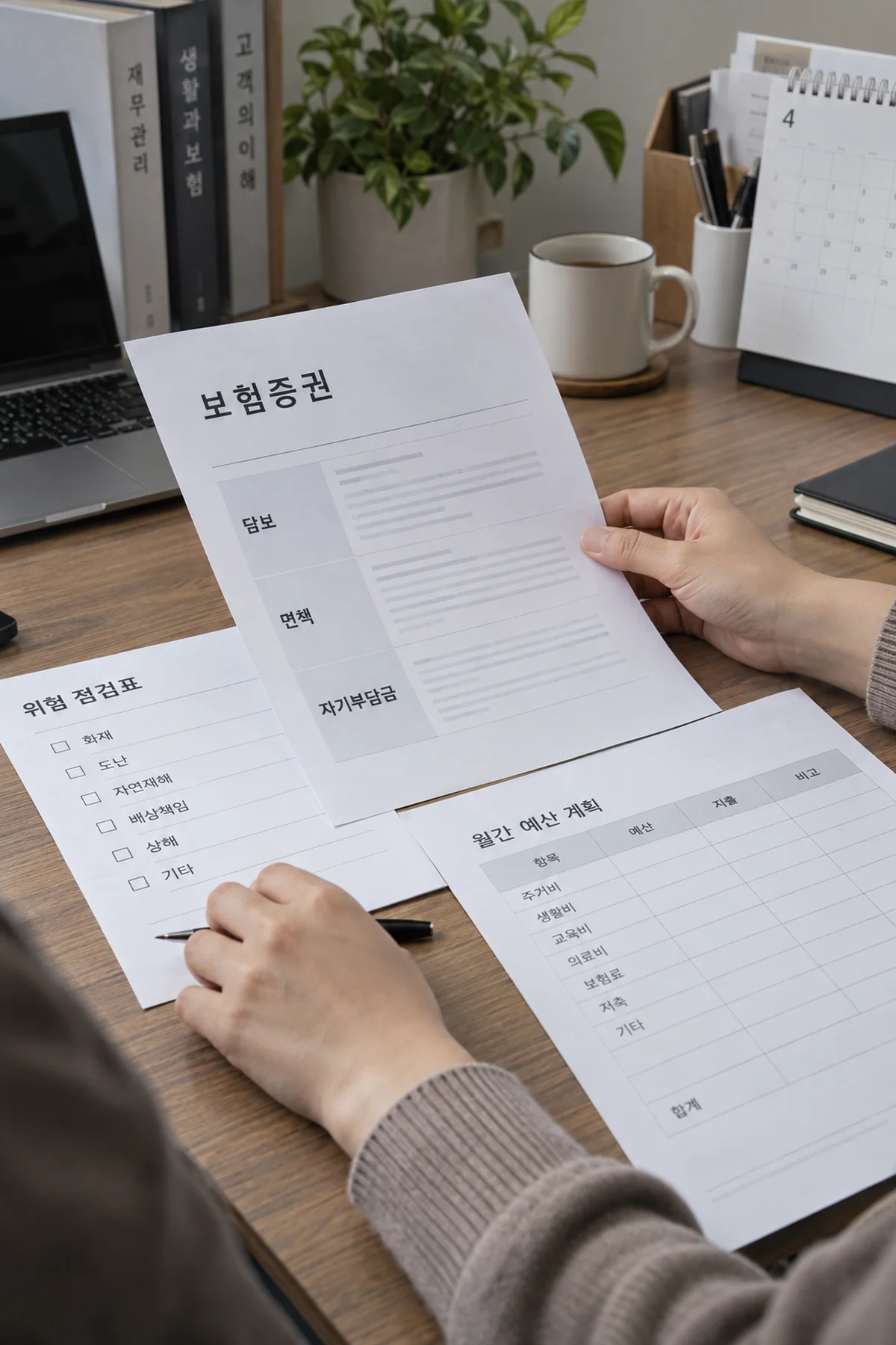 보험 약관과 위험 점검 목록을 나란히 검토하는 기업 실무자의 책상