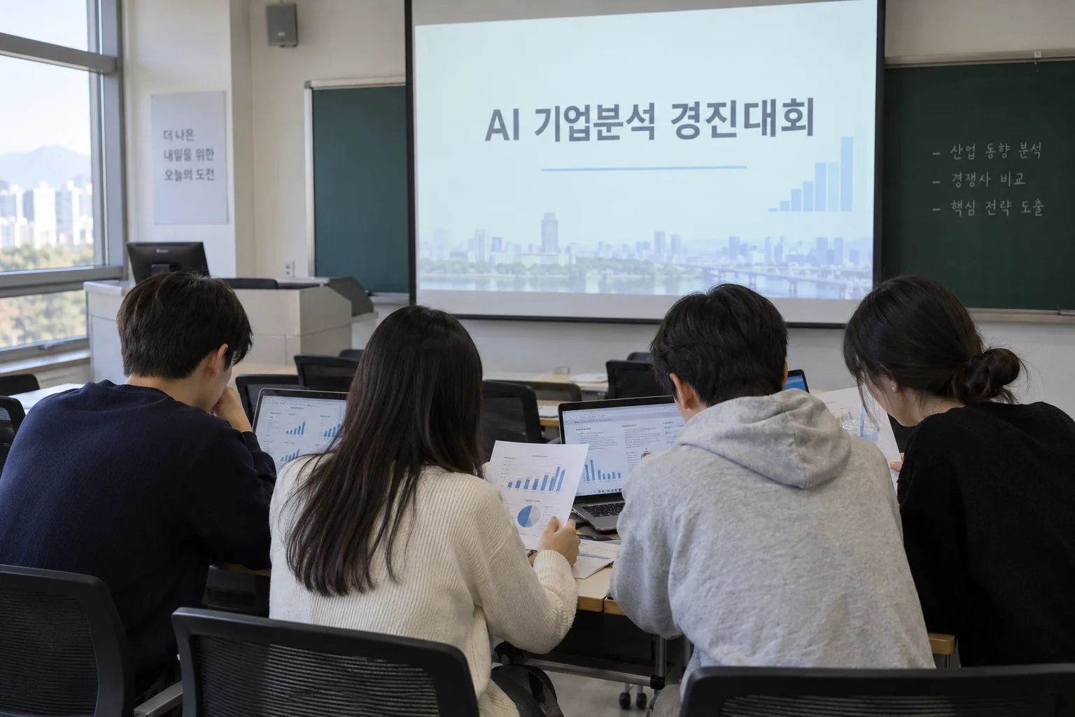 대학 팀이 AI 기반 기업분석 자료를 검토하는 교실 풍경