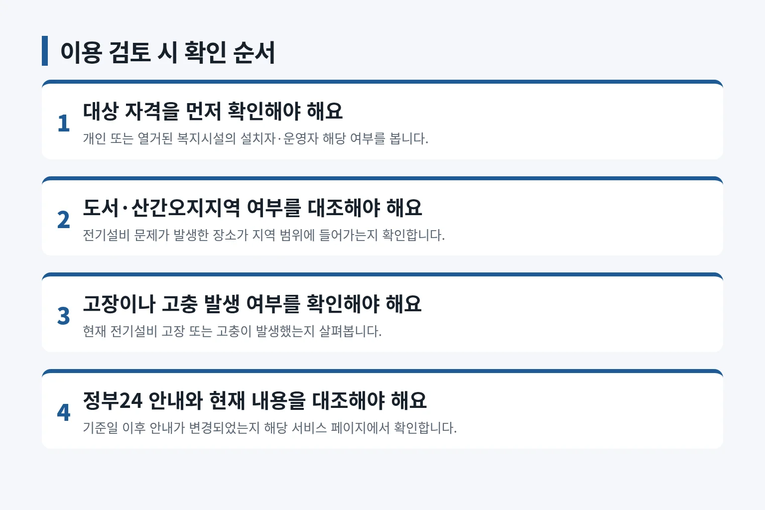 전기안전 보안관 이용 전 확인 순서를 정리한 정보 그림입니다