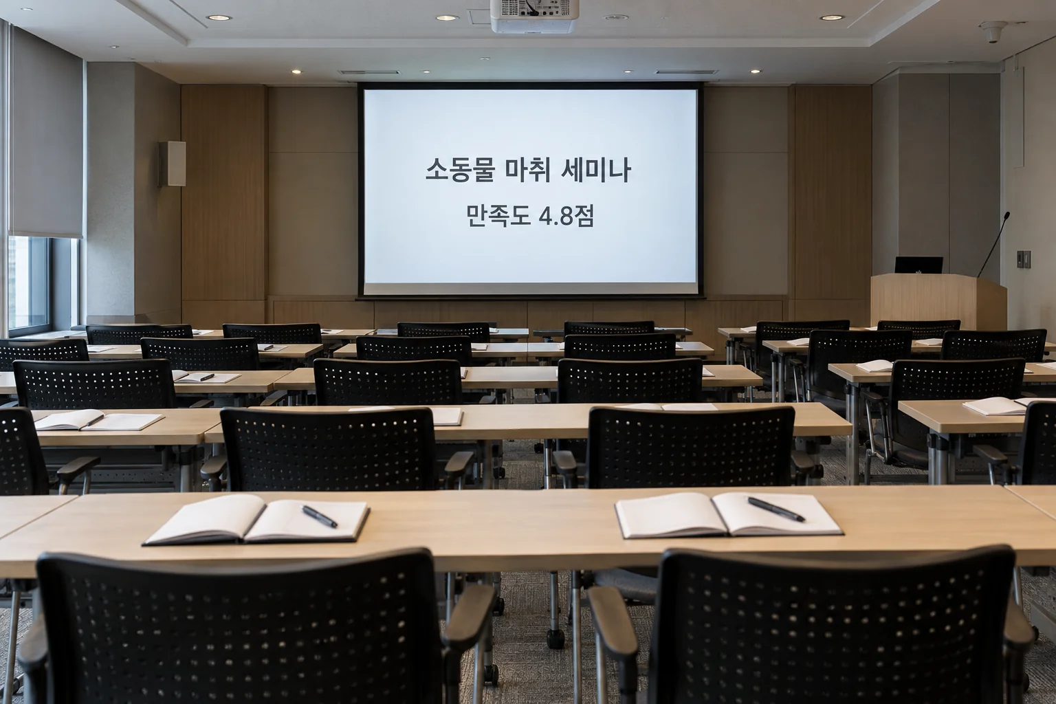 세미나 자료와 만족도 4.8점이 표시된 교육 현장