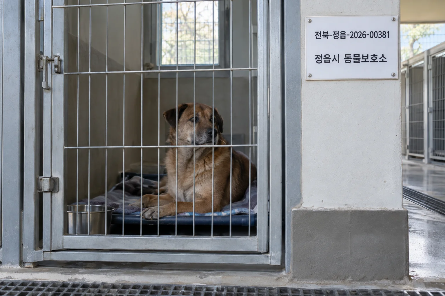 정읍시 동물보호소에서 갈색 믹스견과 보호 정보를 확인하는 장면