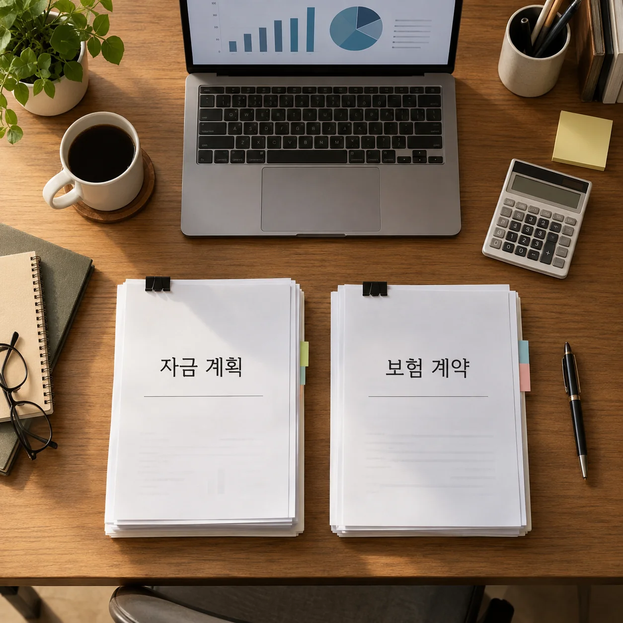 재무 자료와 보험 약관을 분리해 검토하는 기업 책상