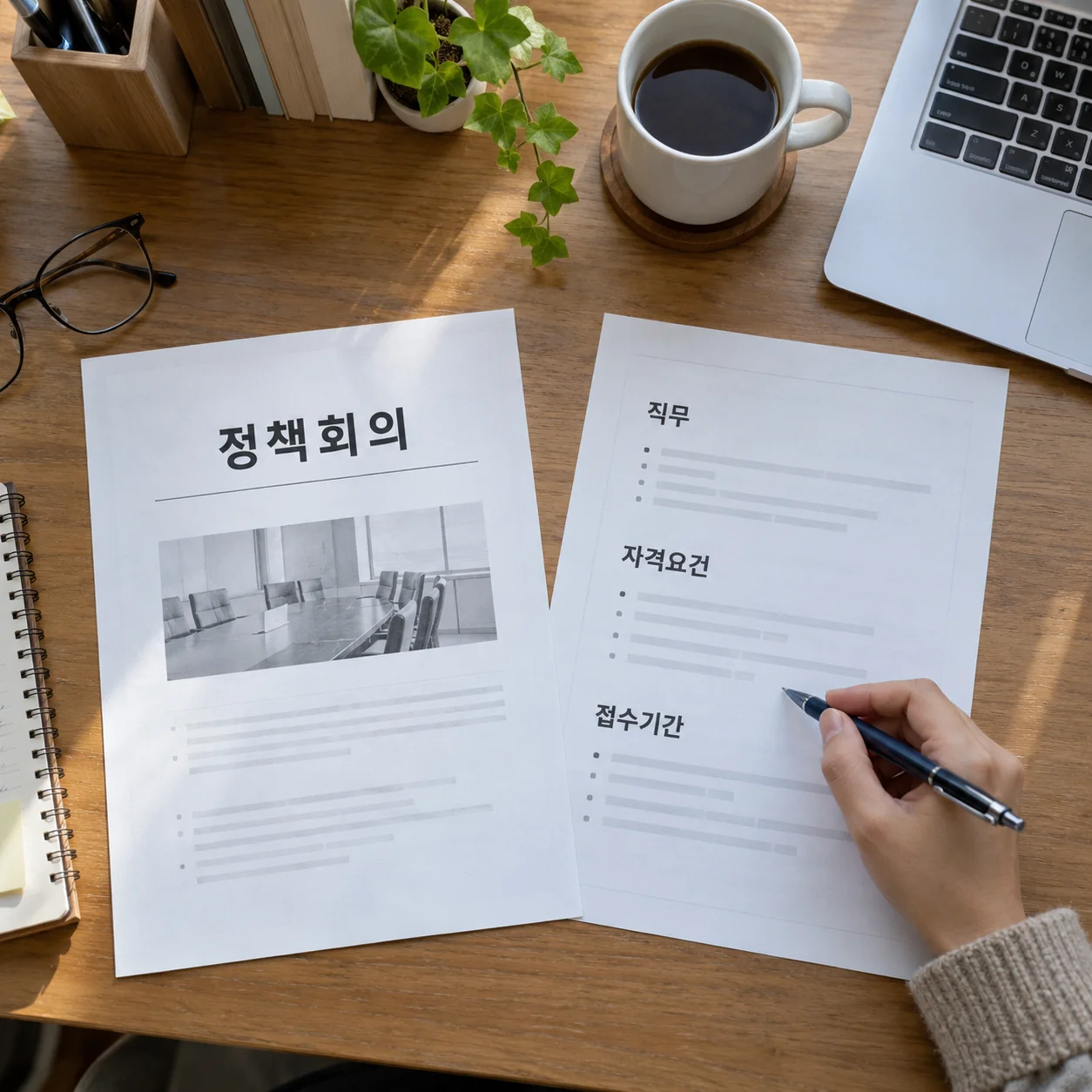 정책 회의자료와 모집 조건 공고문을 나란히 구분해 보는 책상