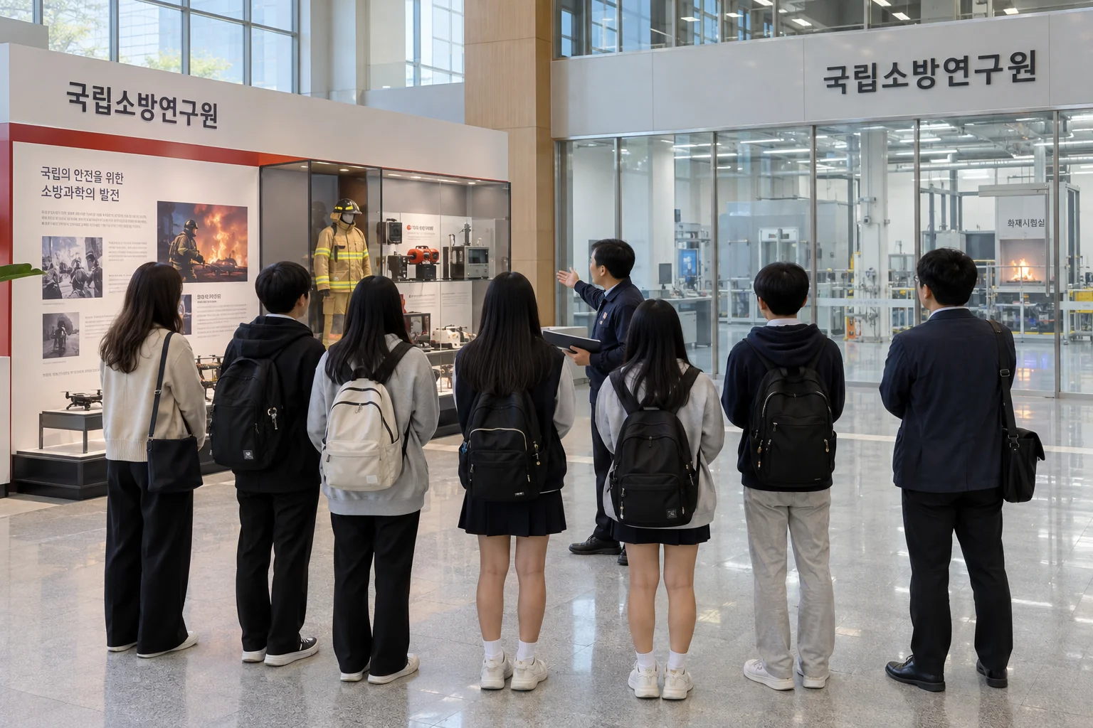 한국 소방 연구시설을 방문한 청소년 대표단의 견학 모습
