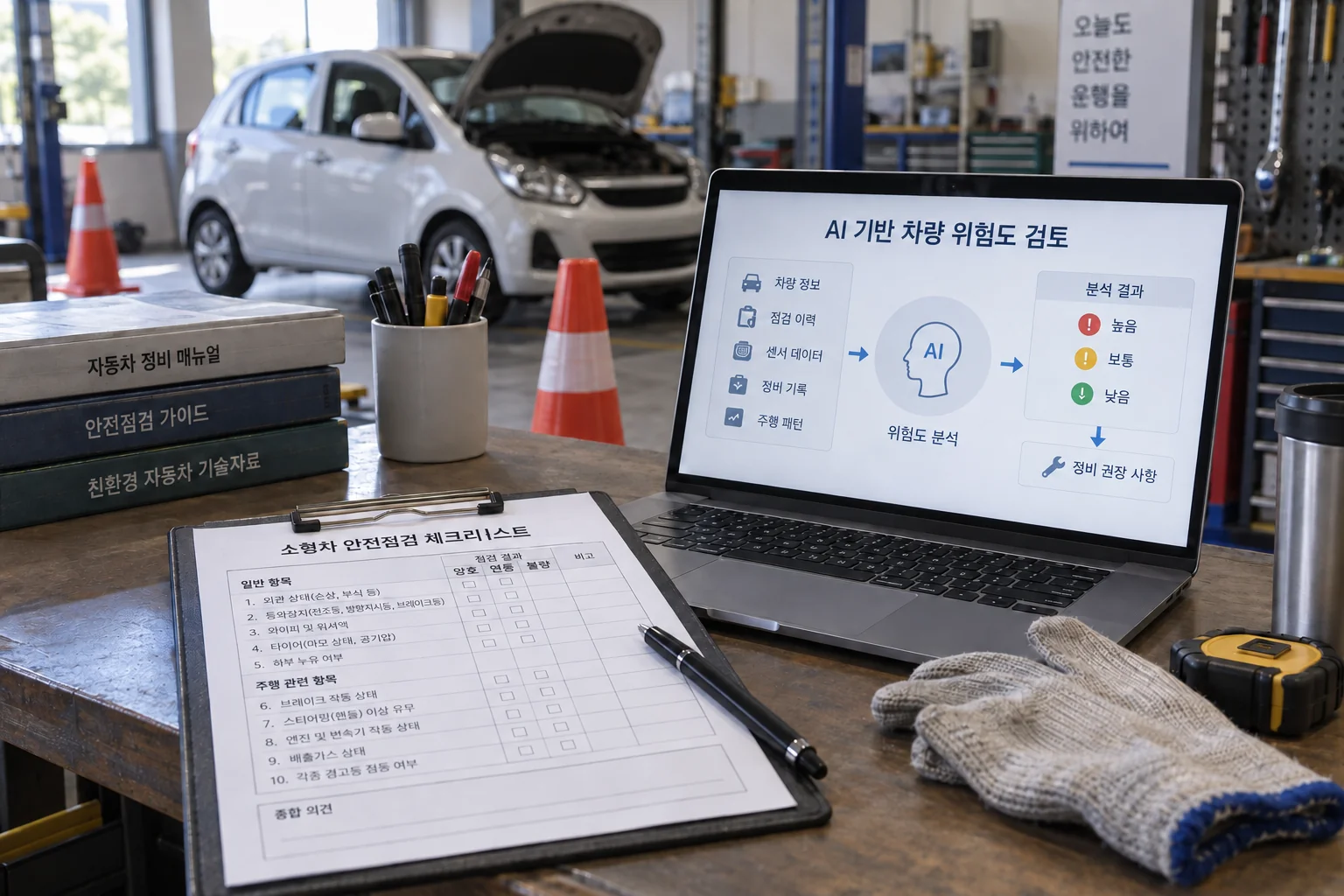 자동차 안전 점검과 AI 안전 관리가 함께 놓인 작업대