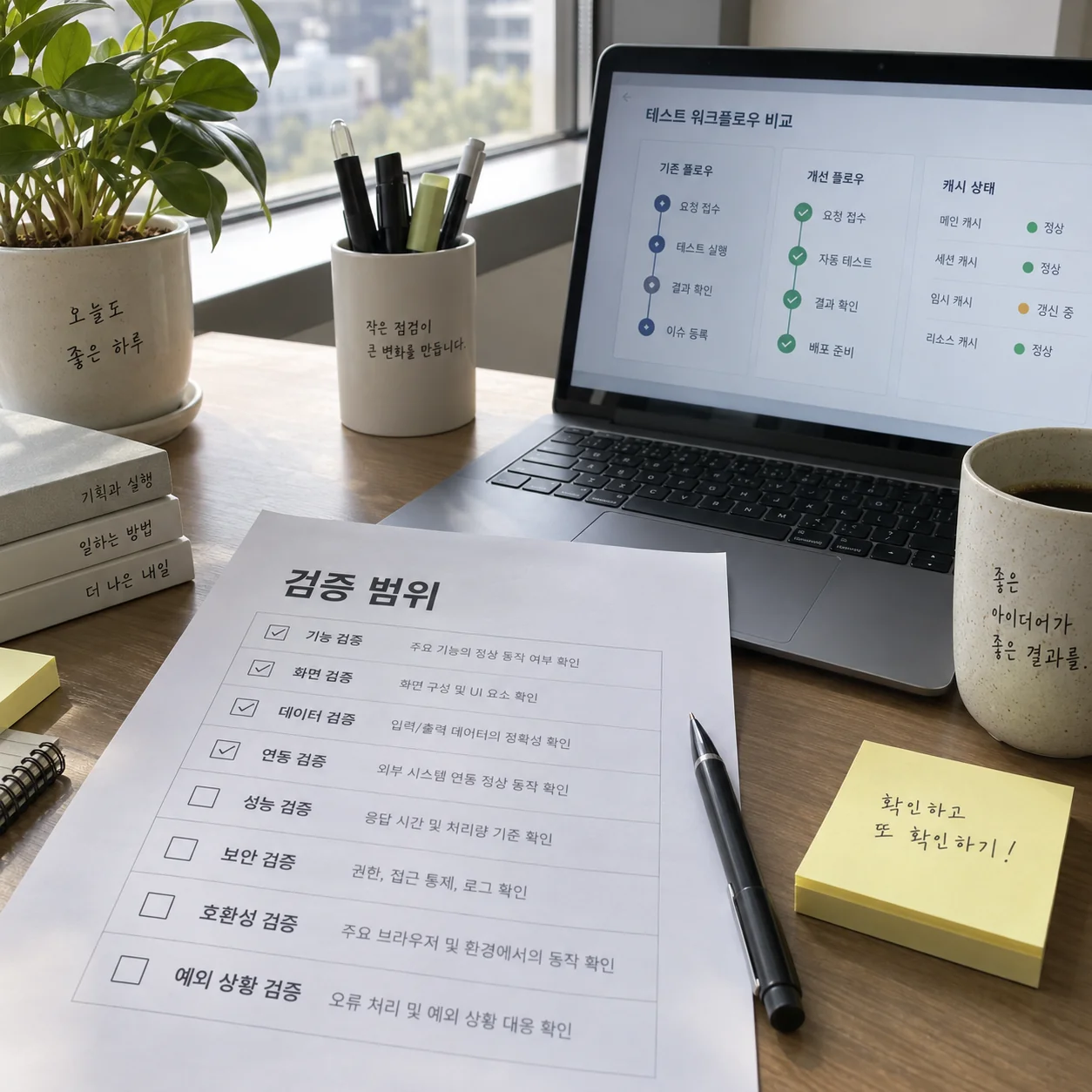 CI 변경 전후 검증 범위를 점검하는 한국 사무실의 체크리스트와 화면