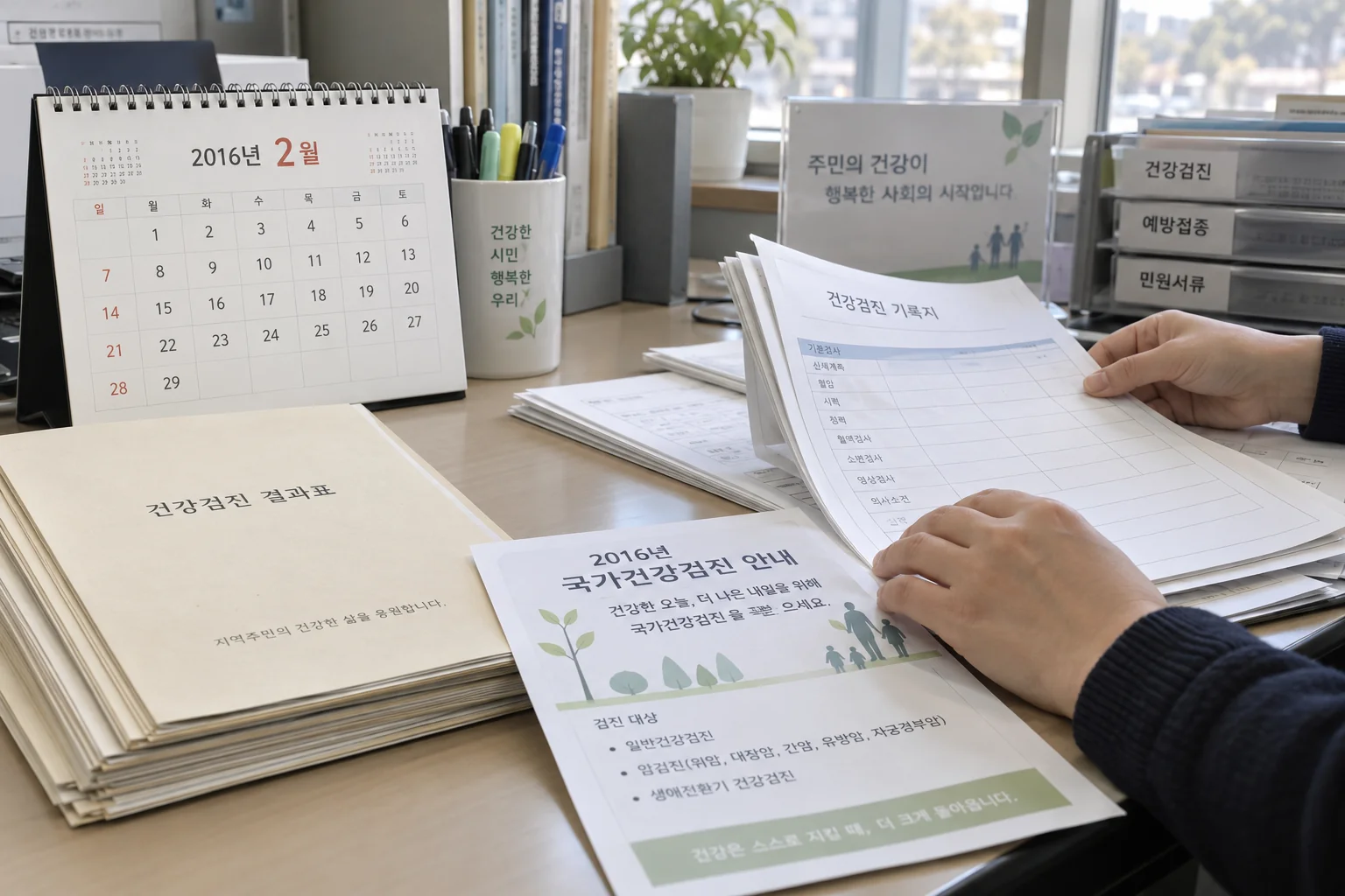 2016년 이후 국가 검진 이력을 확인하는 서류와 달력