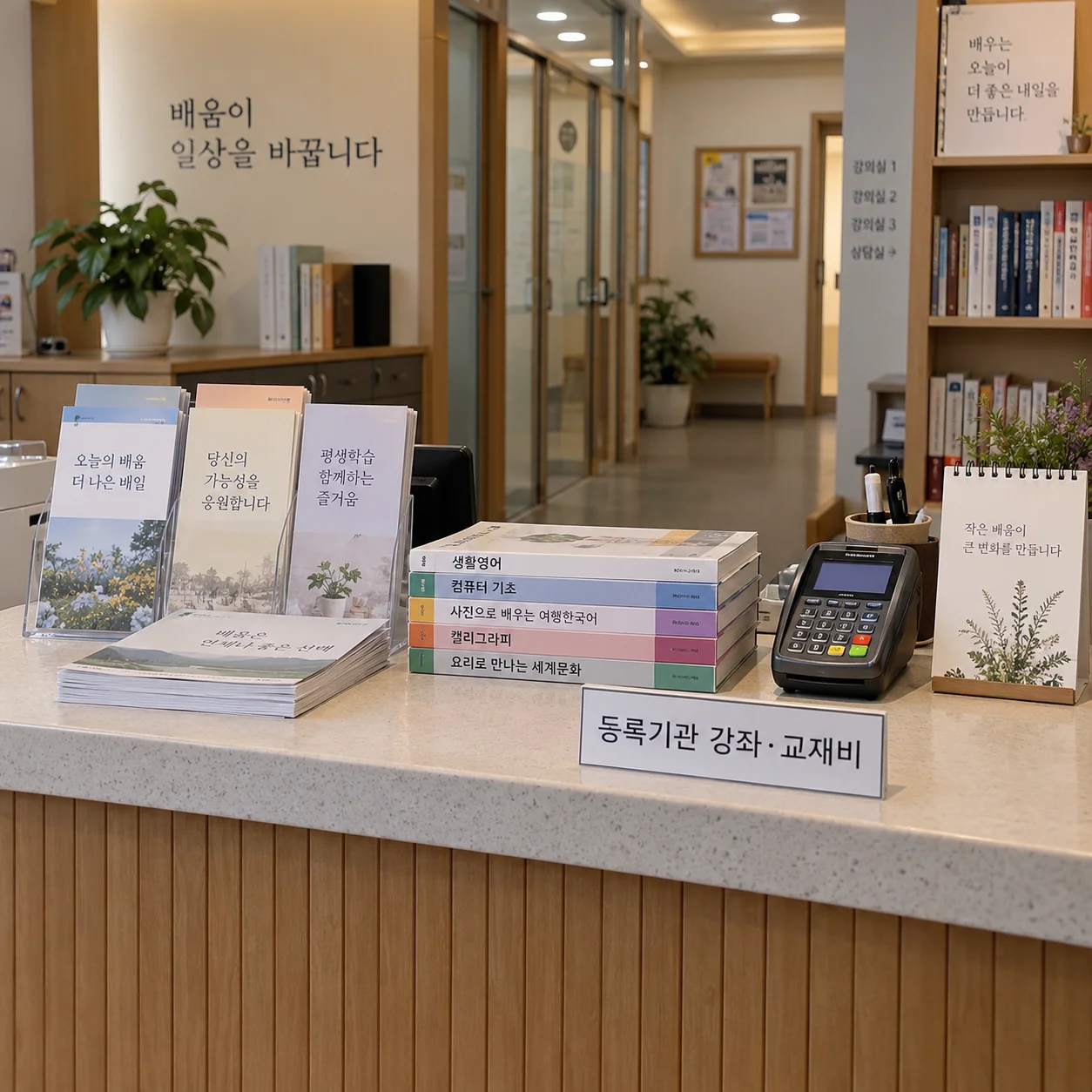 등록 교육기관의 강좌 교재와 수강 안내를 살펴보는 책상