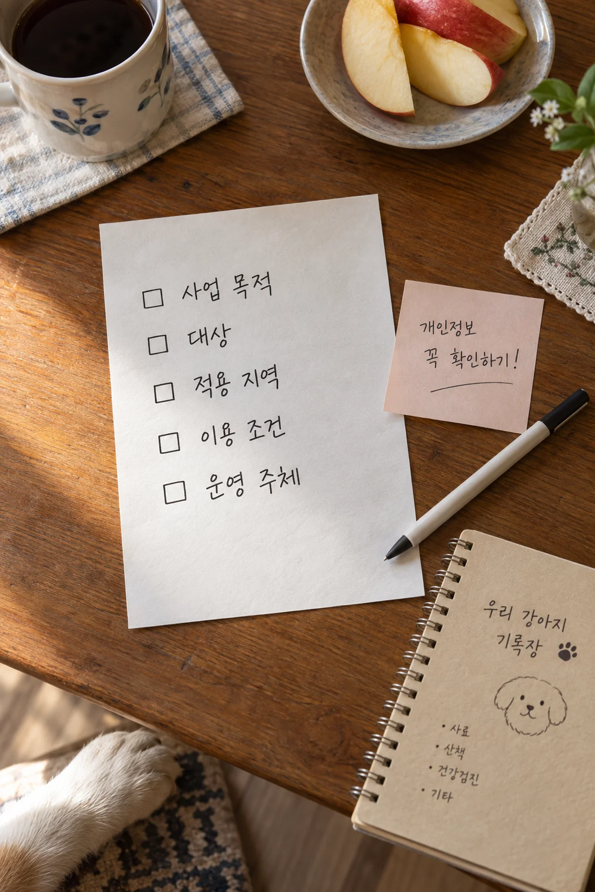 반려동물 관련 후속 사업의 확인 항목을 정리한 메모