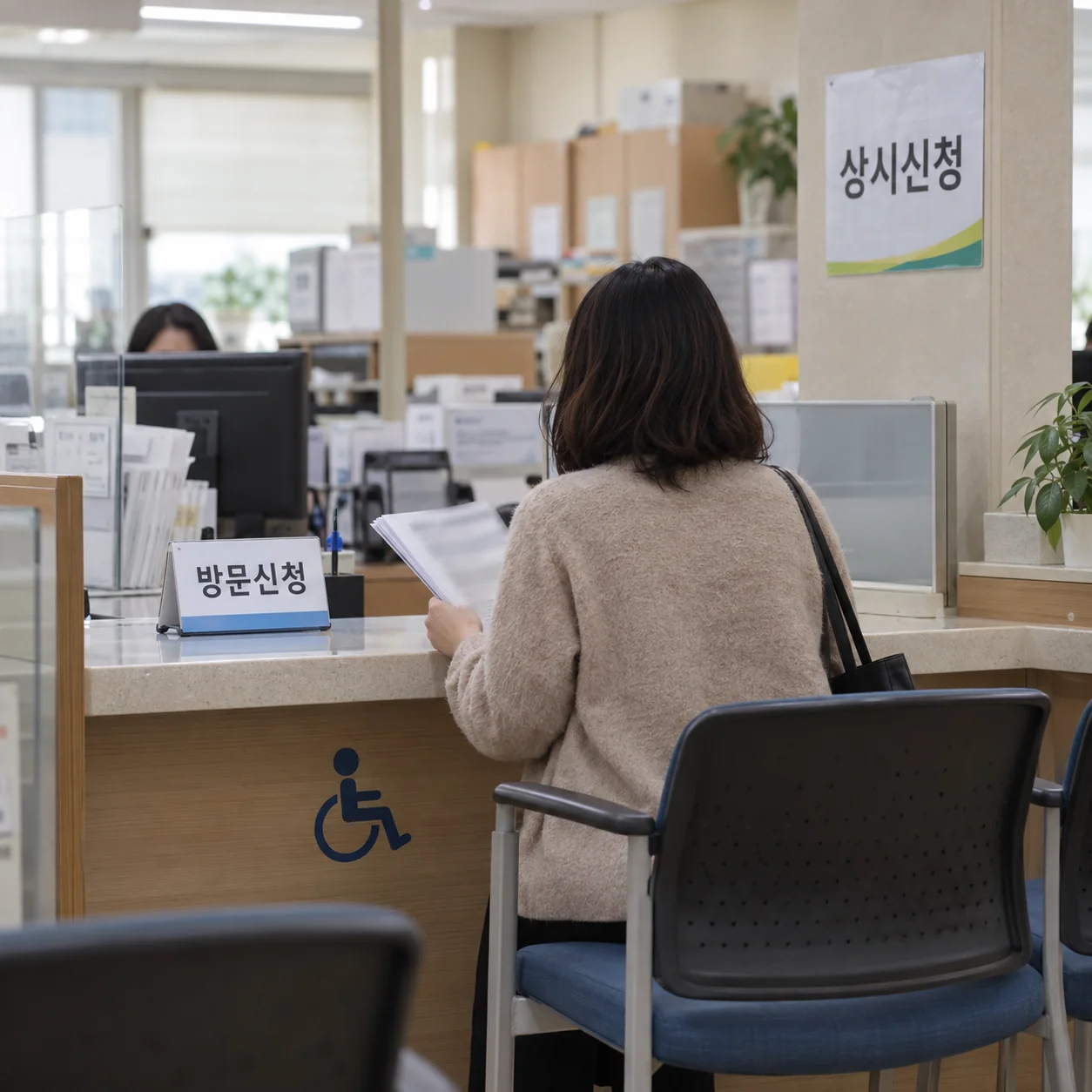 복지 안내문을 들고 방문 접수를 준비하는 모습